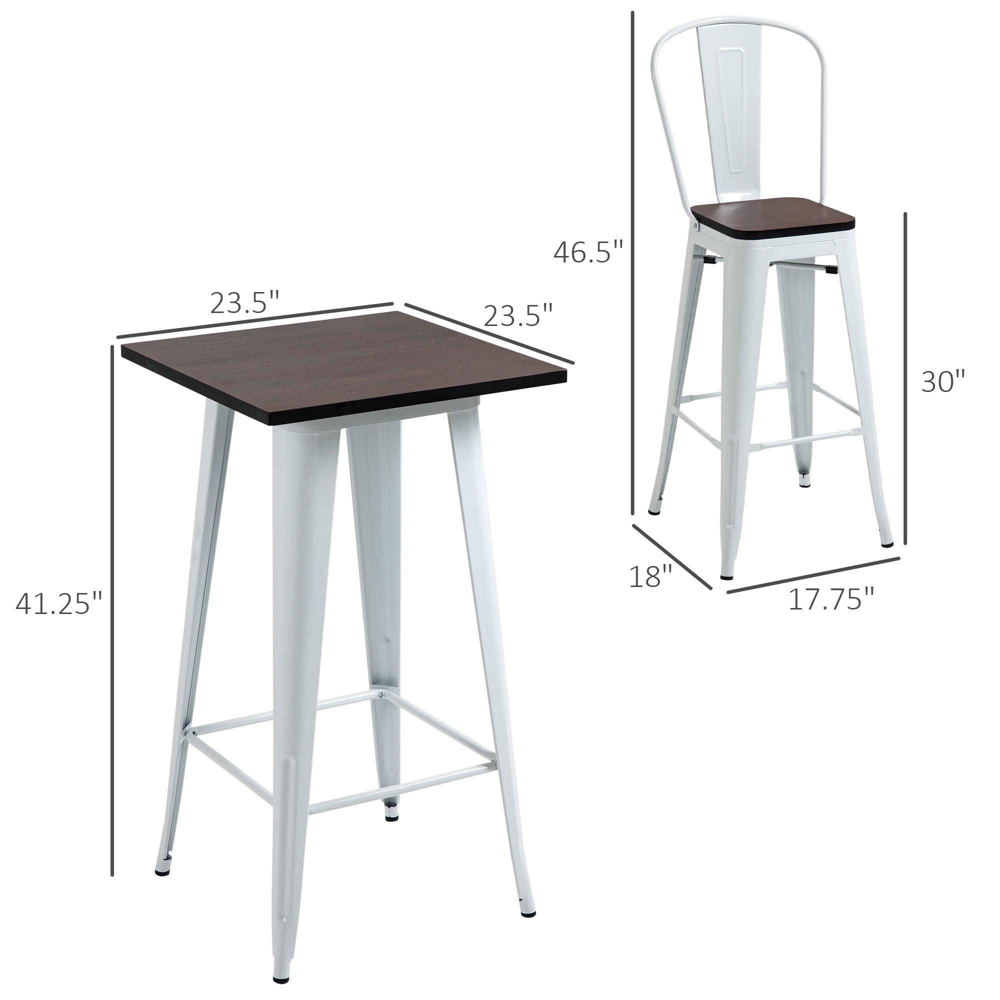 3 Piece Industrial Dining Table Set, Bar Height Bar Table and Chairs Set with Footrests for Bistro, White and Brown