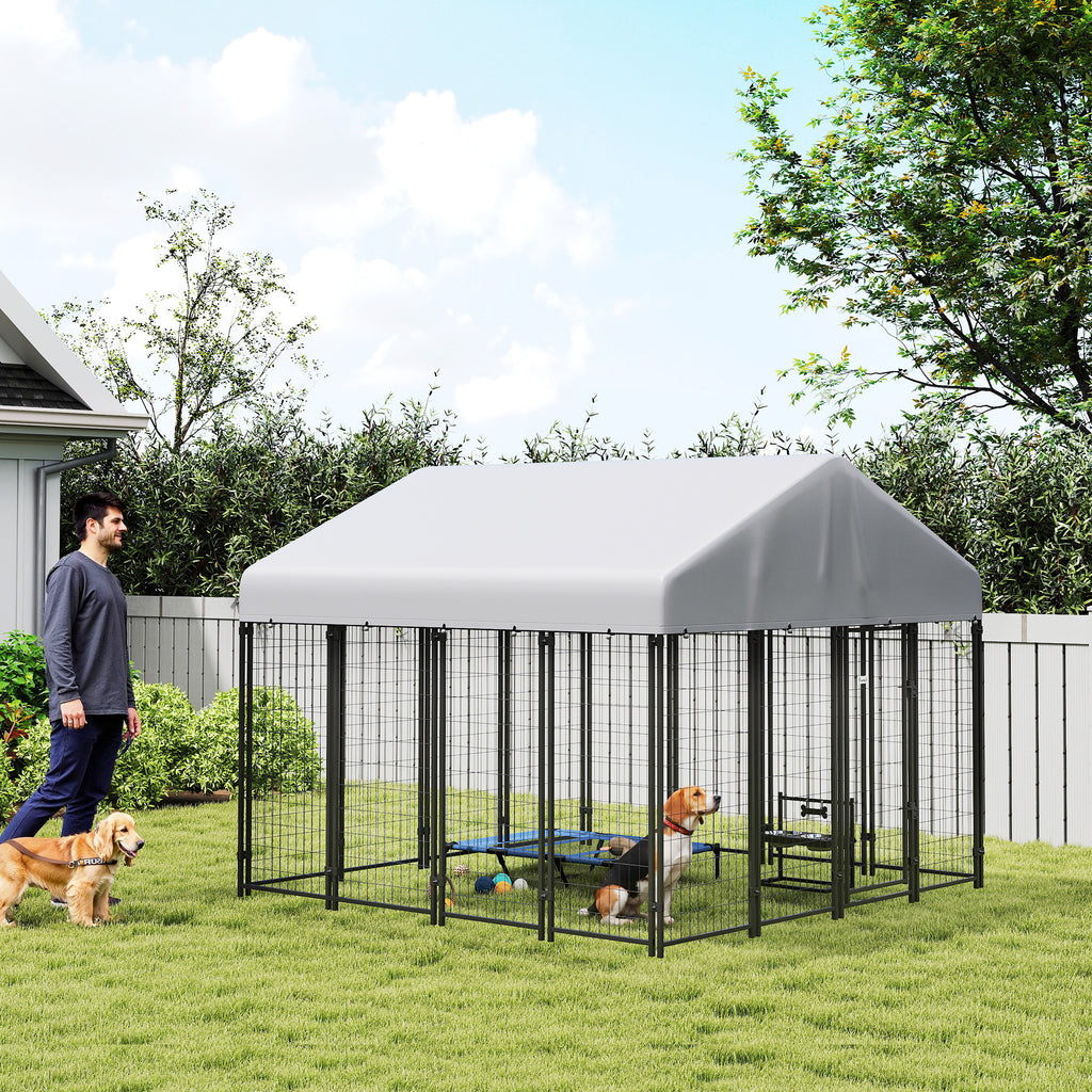 Outdoor Dog Kennel with Roof, 8' x 8' x 6' Heavy Duty Welded Wire Dog Playpen Enclosure with Escape-proof Lock