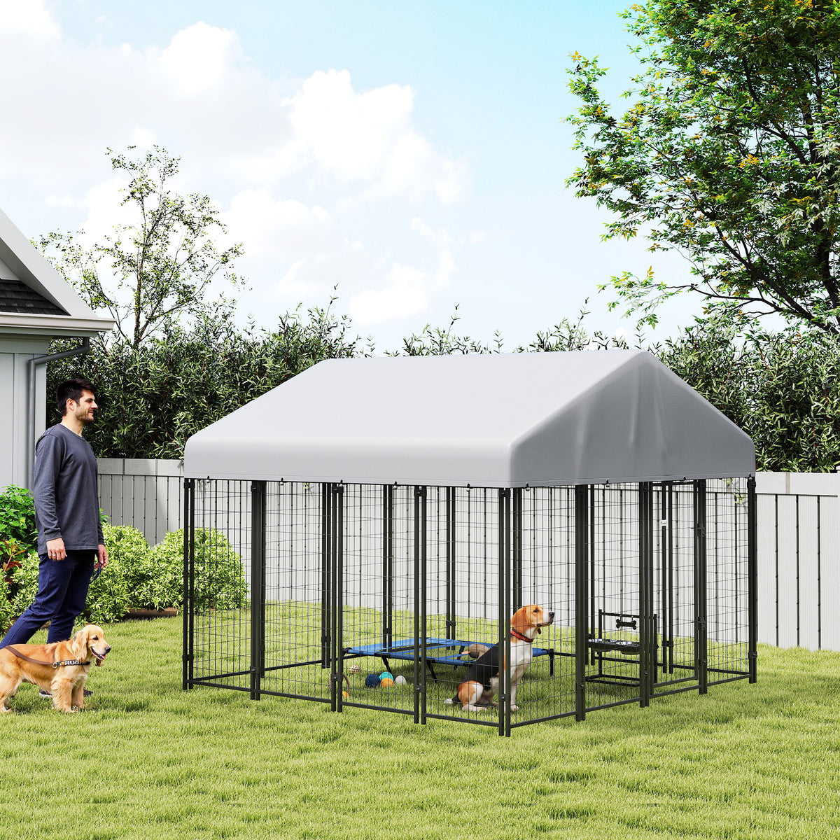 Outdoor Dog Kennel with Roof, 8' x 8' x 6' Heavy Duty Welded Wire Dog Playpen Enclosure with Escape-proof Lock