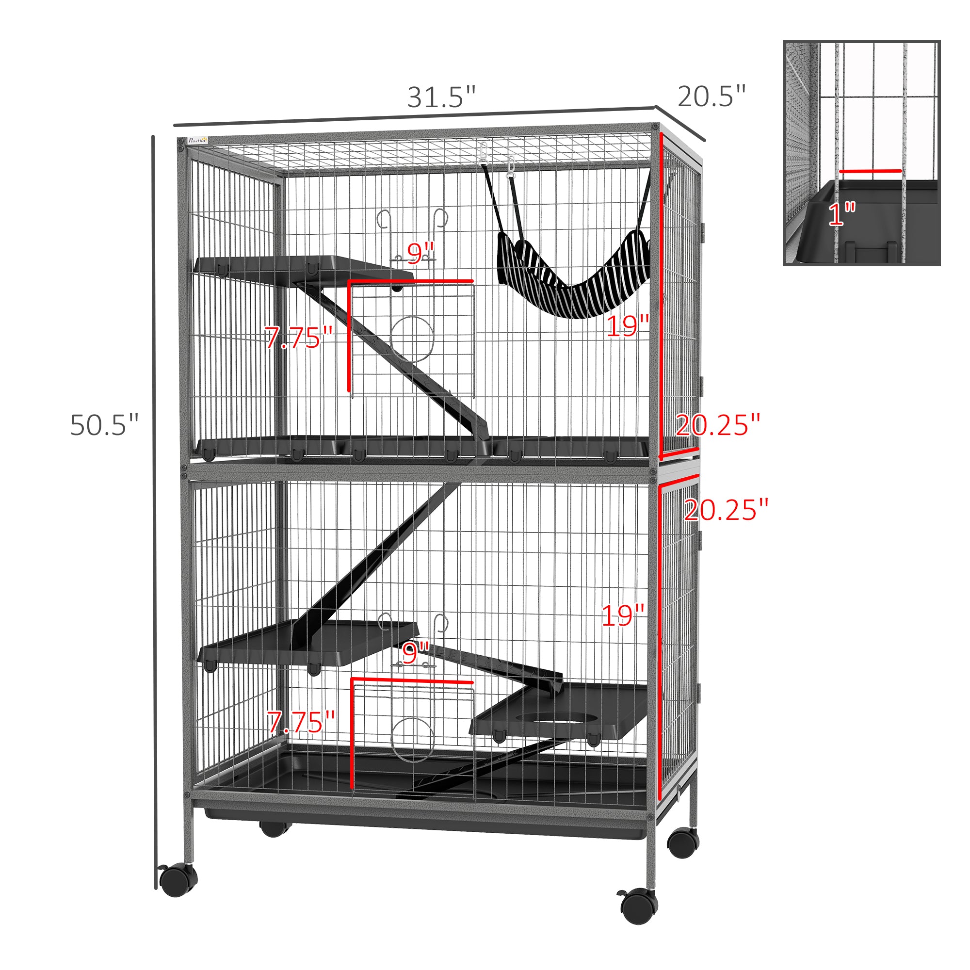 50" H Rolling Small Animal Cage with Hammock, Ferret Cage, Chinchilla Cage, Pet Habitat with 4 Doors, Removable Tray