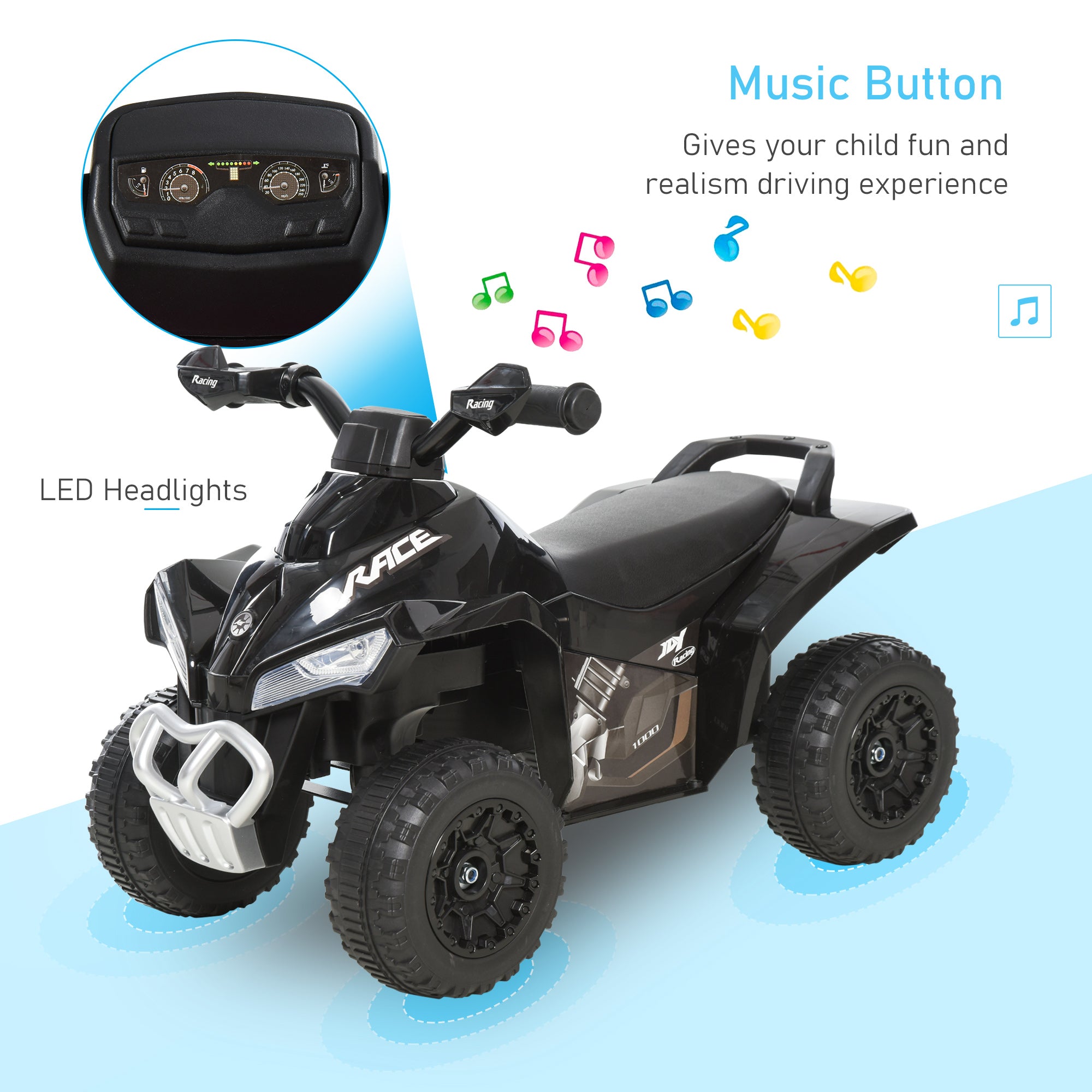 NO Power Kids Ride On Push Car, Ride Racer, Foot-to-floor Sliding Car, Walking ATV Toy with Music, Lights, for 1.5-3 Years Old, Black