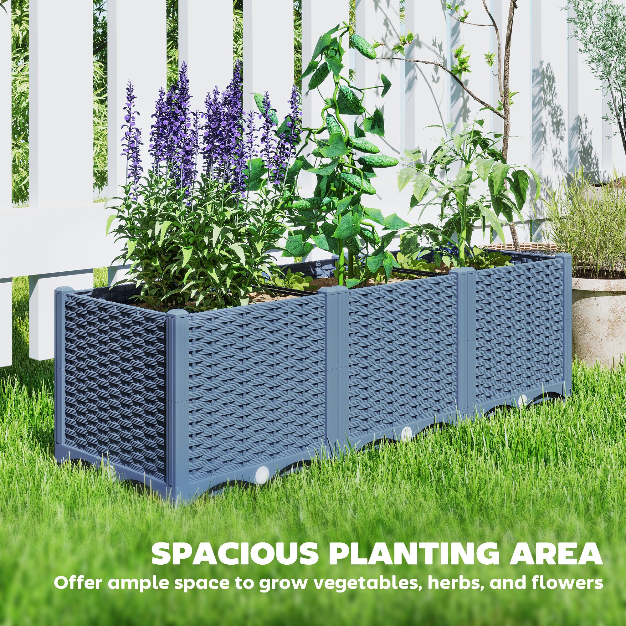 Plastic Raised Garden Bed, 4 x 1 x 1 ft Outdoor Flower Box with Drainage Holes for Vegetables, Herbs, Blue