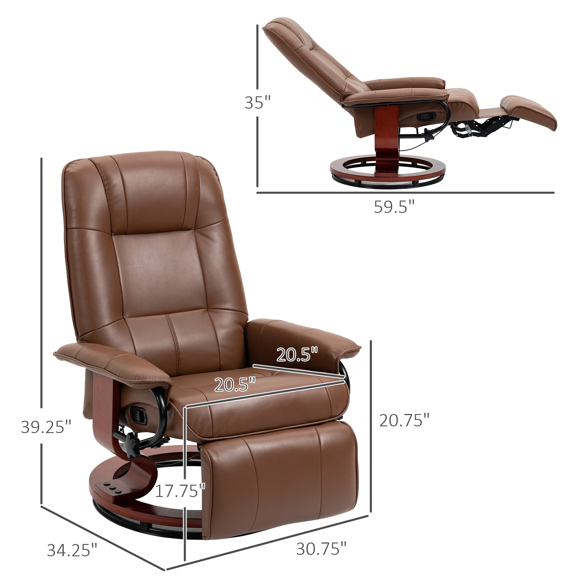 Air Leather Manual Recliner, Adjustable Swivel Lounge Chair with Footrest, Armrest and Wrapped Wood Base, Brown
