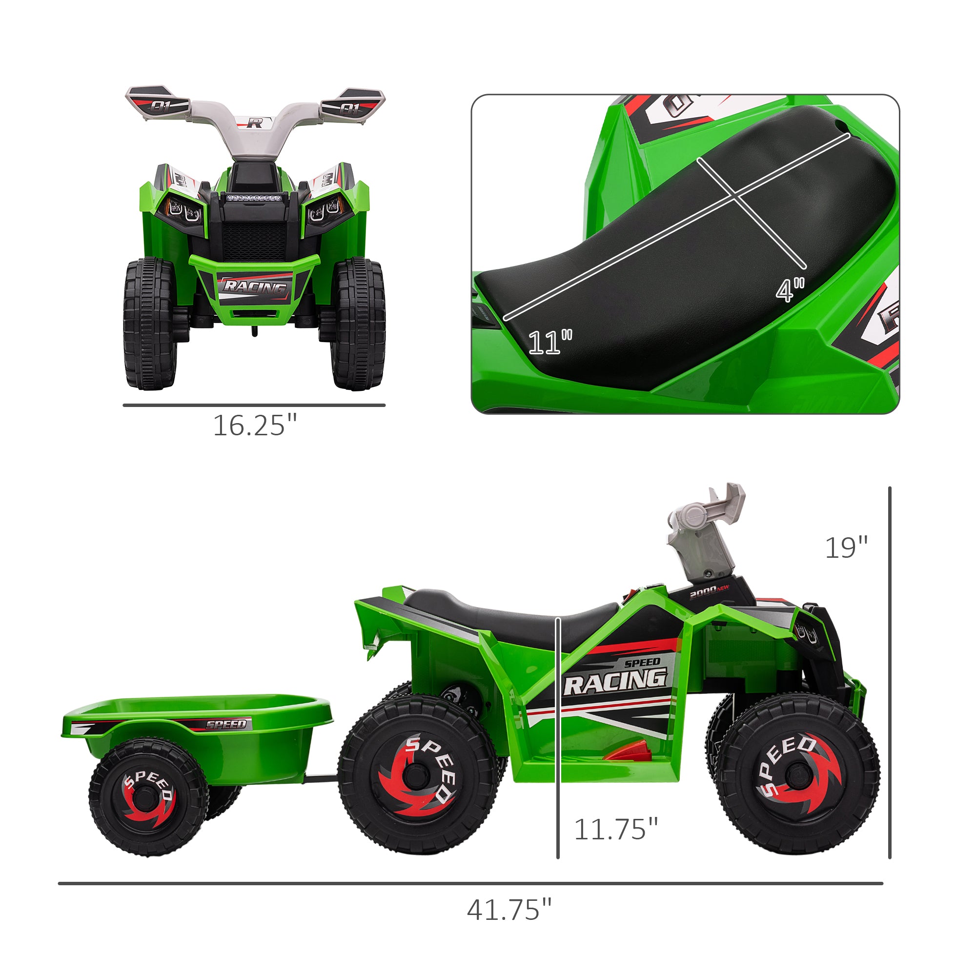 6V Electric Toy Car with Back Trailer, Forward Backward, Wear-Resistant Wheels for Ages 18-36 Months, Green