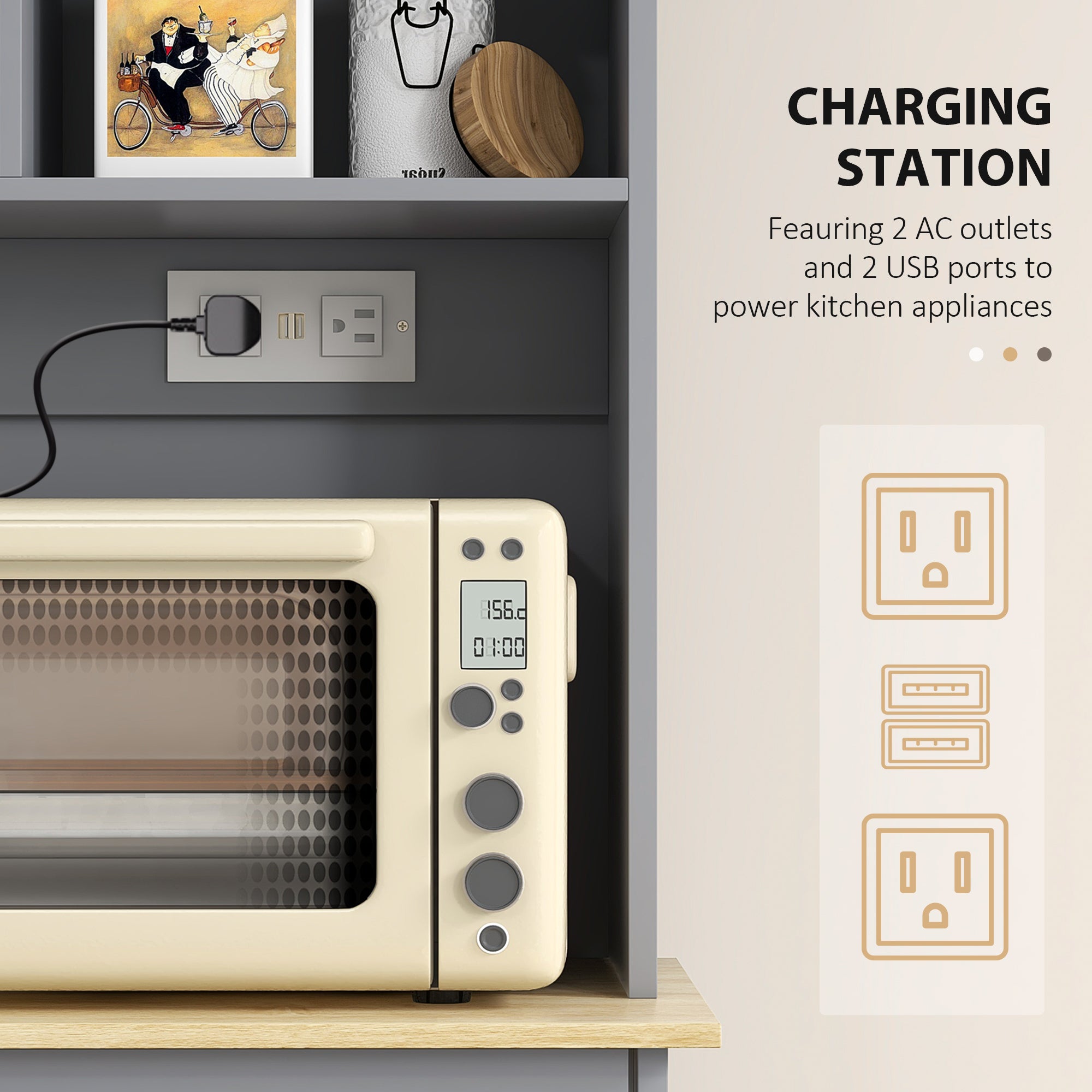 Kitchen Cabinet with Charging Station, 2 Tilt Out Cabinets, Microwave Stand, Freestanding Kitchen Pantry Cabinet, Gray