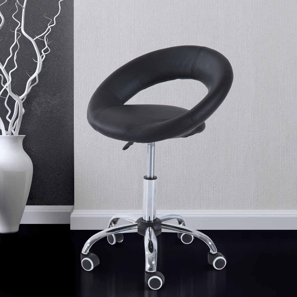 Crescent Rolling Salon Stool with Adjustable Height, Breathable Open Back, Foam Cushion Seat, and 5 Caster Wheels, Black