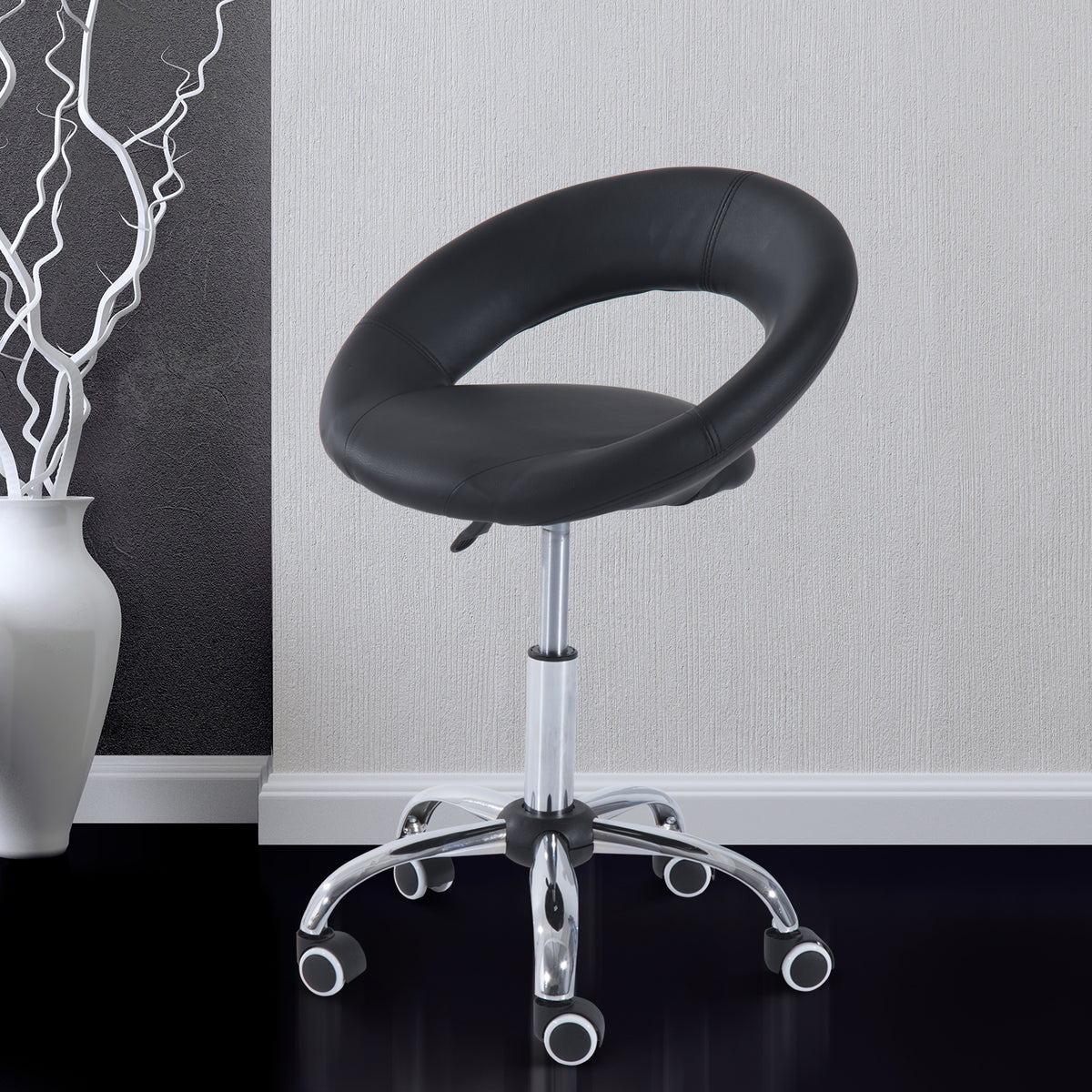 Crescent Rolling Salon Stool with Adjustable Height, Breathable Open Back, Foam Cushion Seat, and 5 Caster Wheels, Black