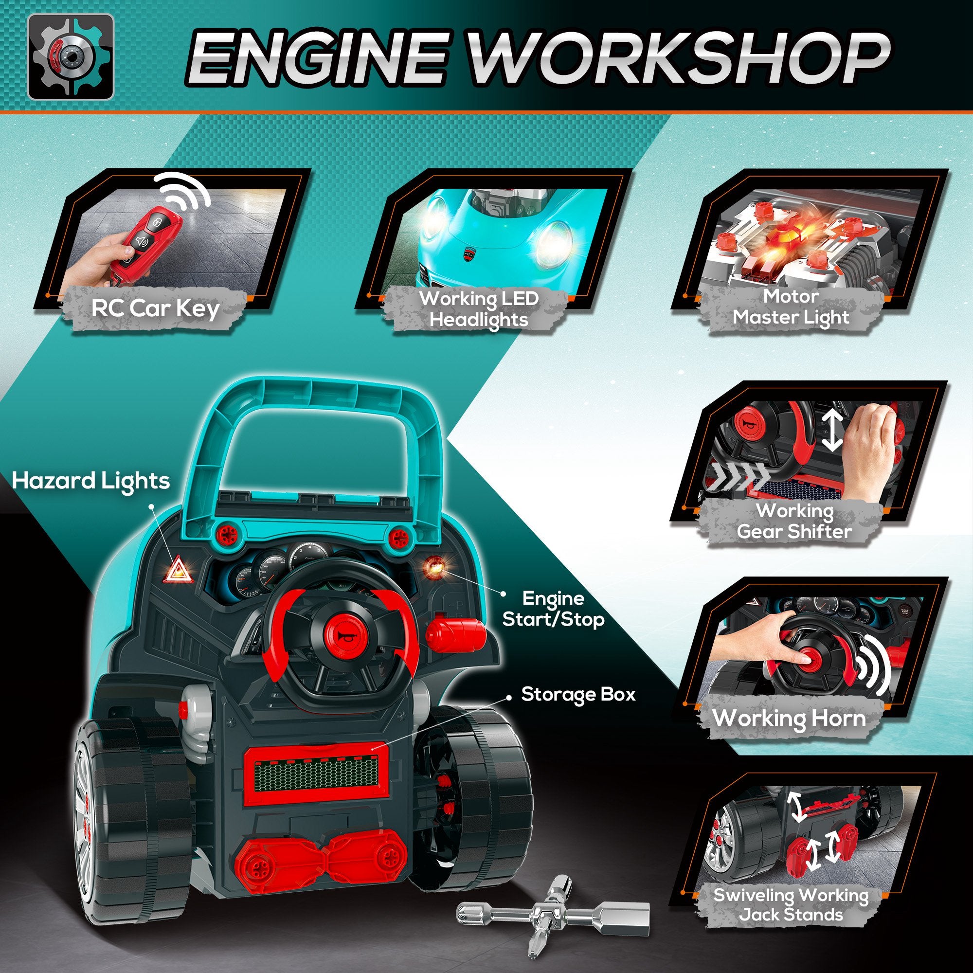 Mechanic Kids Truck Engine Toy Set, Car Service Play Set, Teal