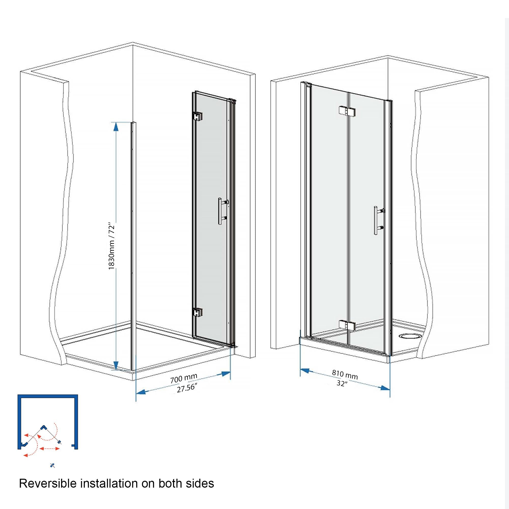 32" Bi-Fold Shower Door with Explosion-Proof Film and Tempered Glass, Bathroom Door with Stainless Steel Handle, 32" L x 0.5" W x 72" H, Chrome