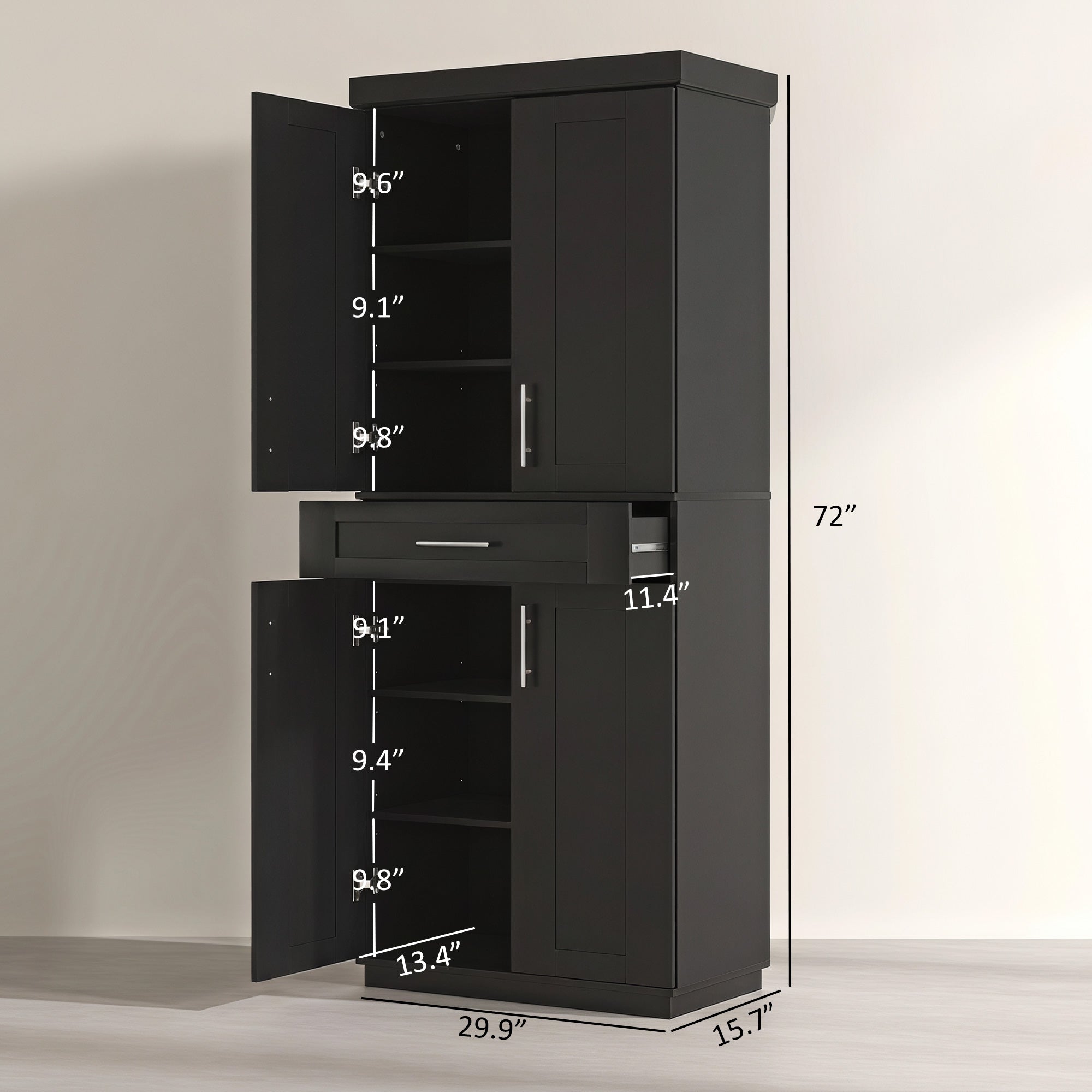 Modern Kitchen Pantry Freestanding Cabinet Cupboard with Doors and Drawer, Adjustable Shelving, Black