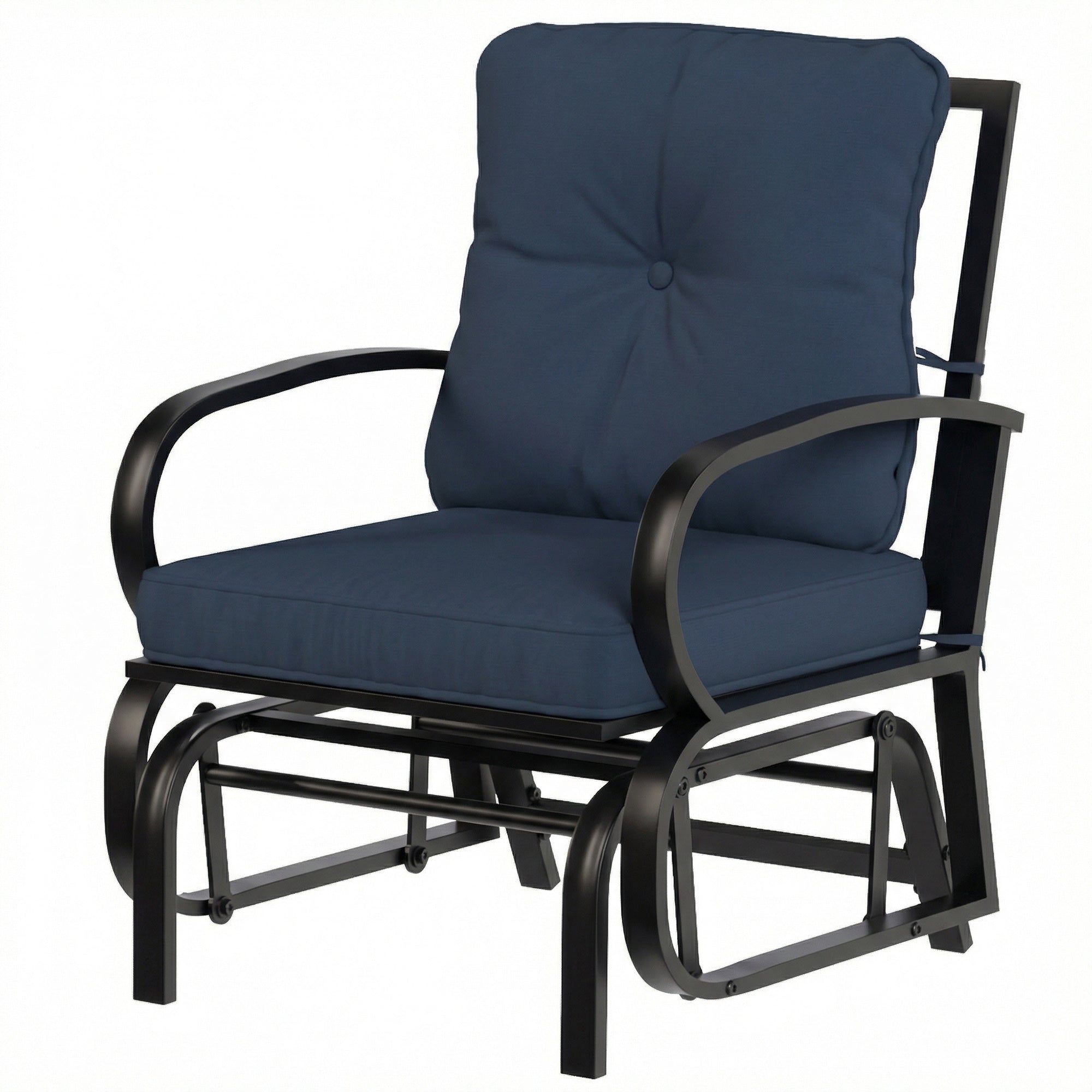 Patio Glider, Outdoor Glider Chair with Cushions, Steel Frame, Curved Armrests, Dark Blue
