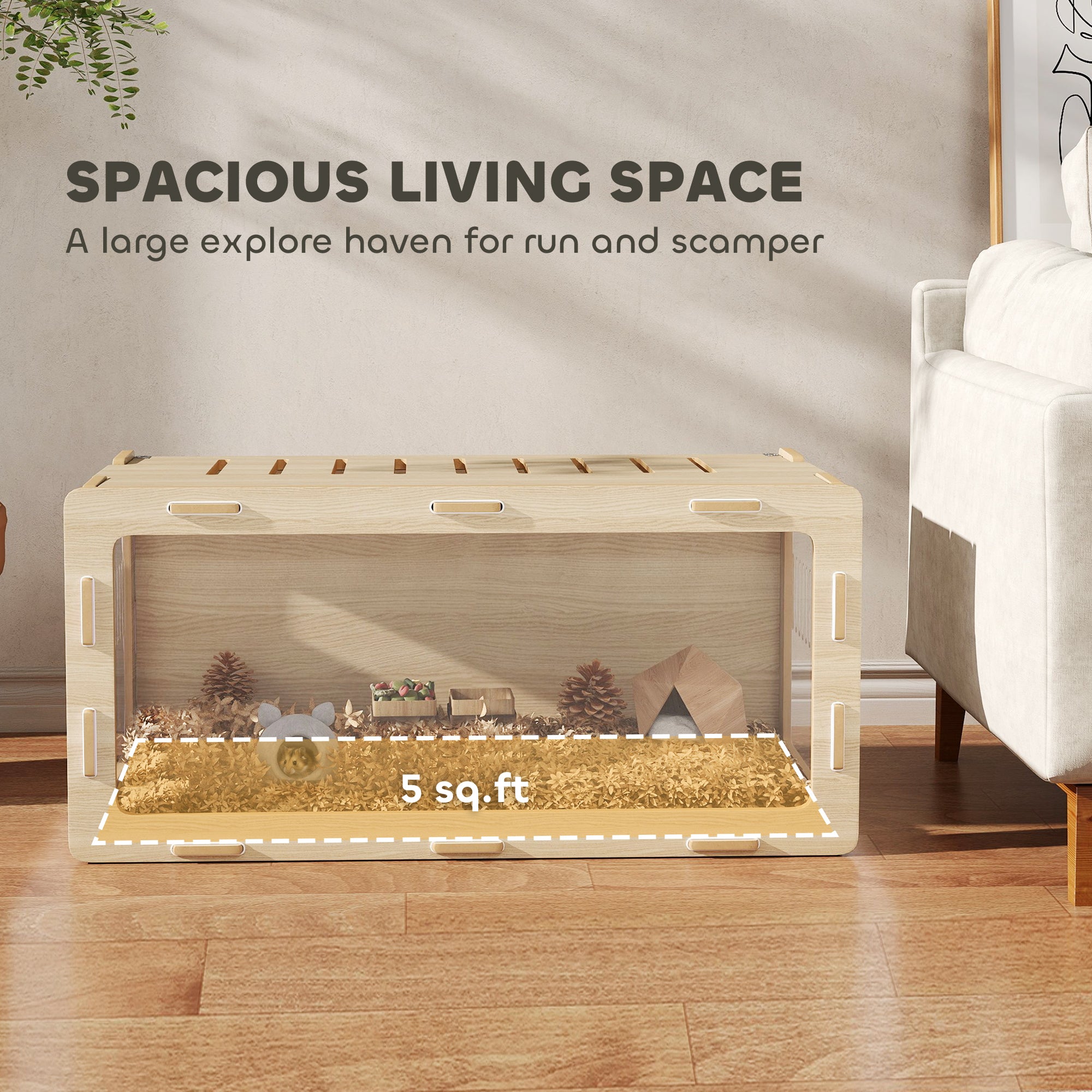 Hamster Cage with Easy View Acrylic Panels, Air Vents & Openable Roof, for Gerbil, Guinea Pig, 39" x 20" x 18.5", Oak