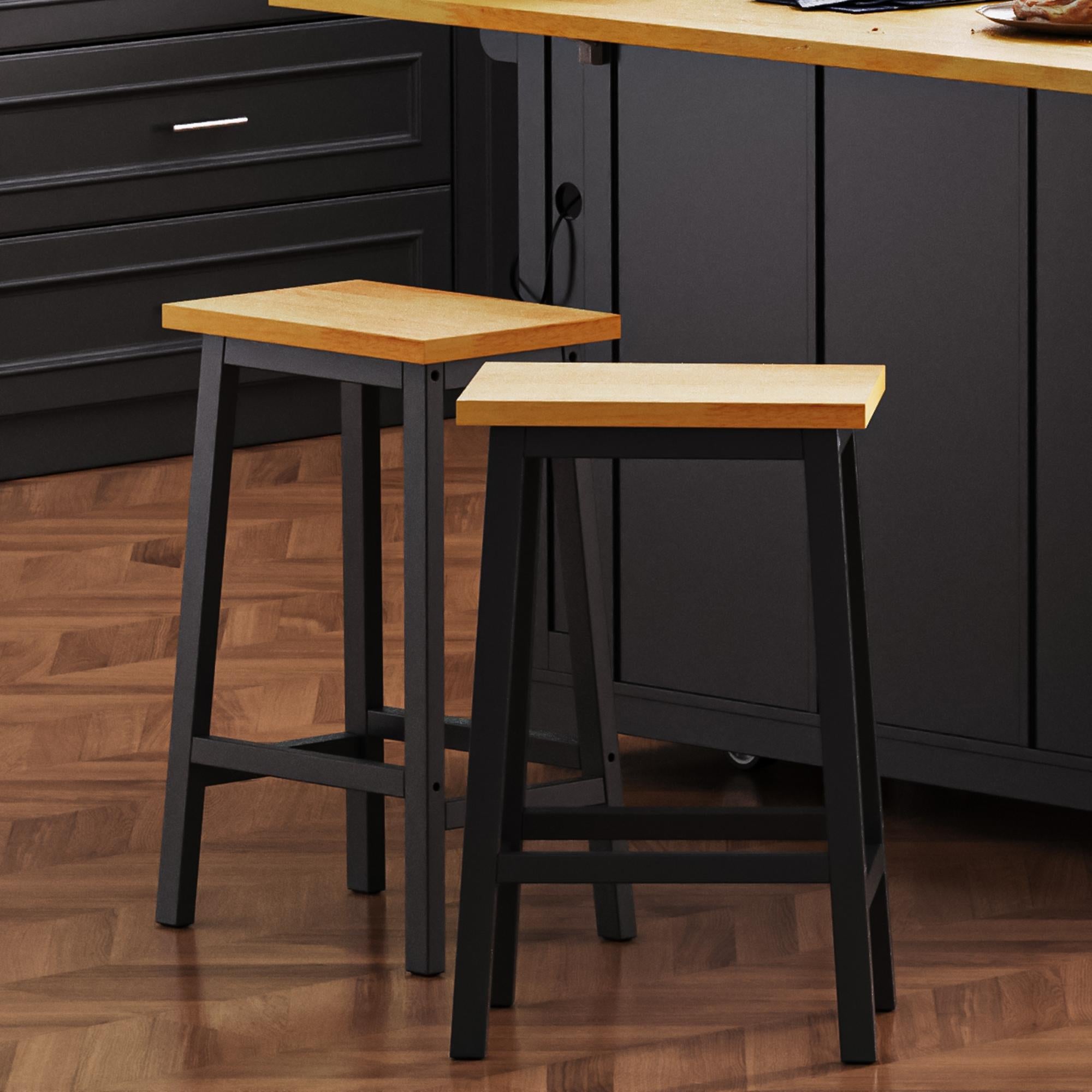 Set of 2 Solid Wood Bar Stools with Anti-Scratch Pads, Farmhouse Design, Kitchen Counter Stools with Footrests, 16" L x 11" W x 25.5" H, Black
