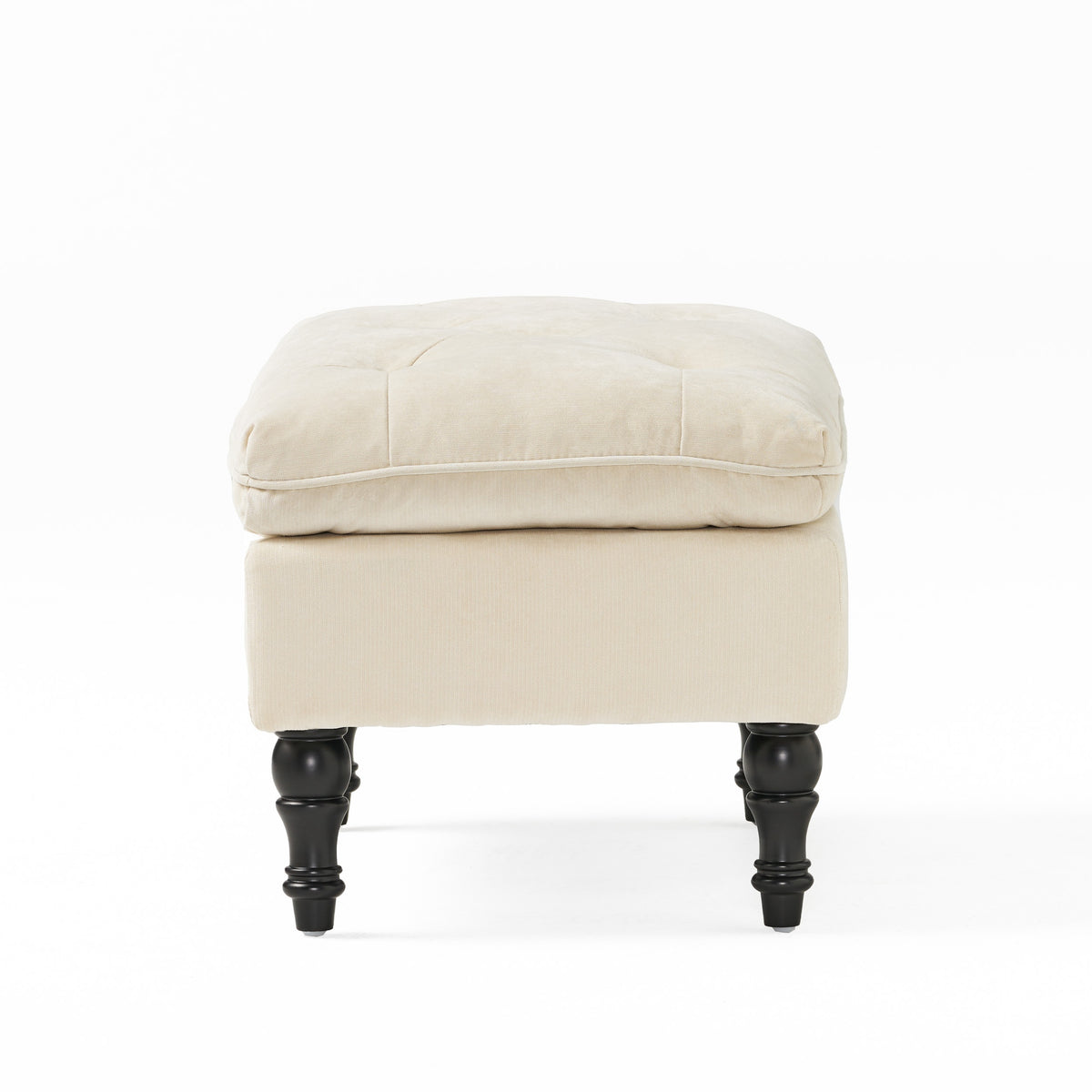 28" Pillow Top Ottoman with Button Tufted Upholstery, Turned Birch Legs, Extra Seating or Footrest, 28.5"x18"x17.75", Cream