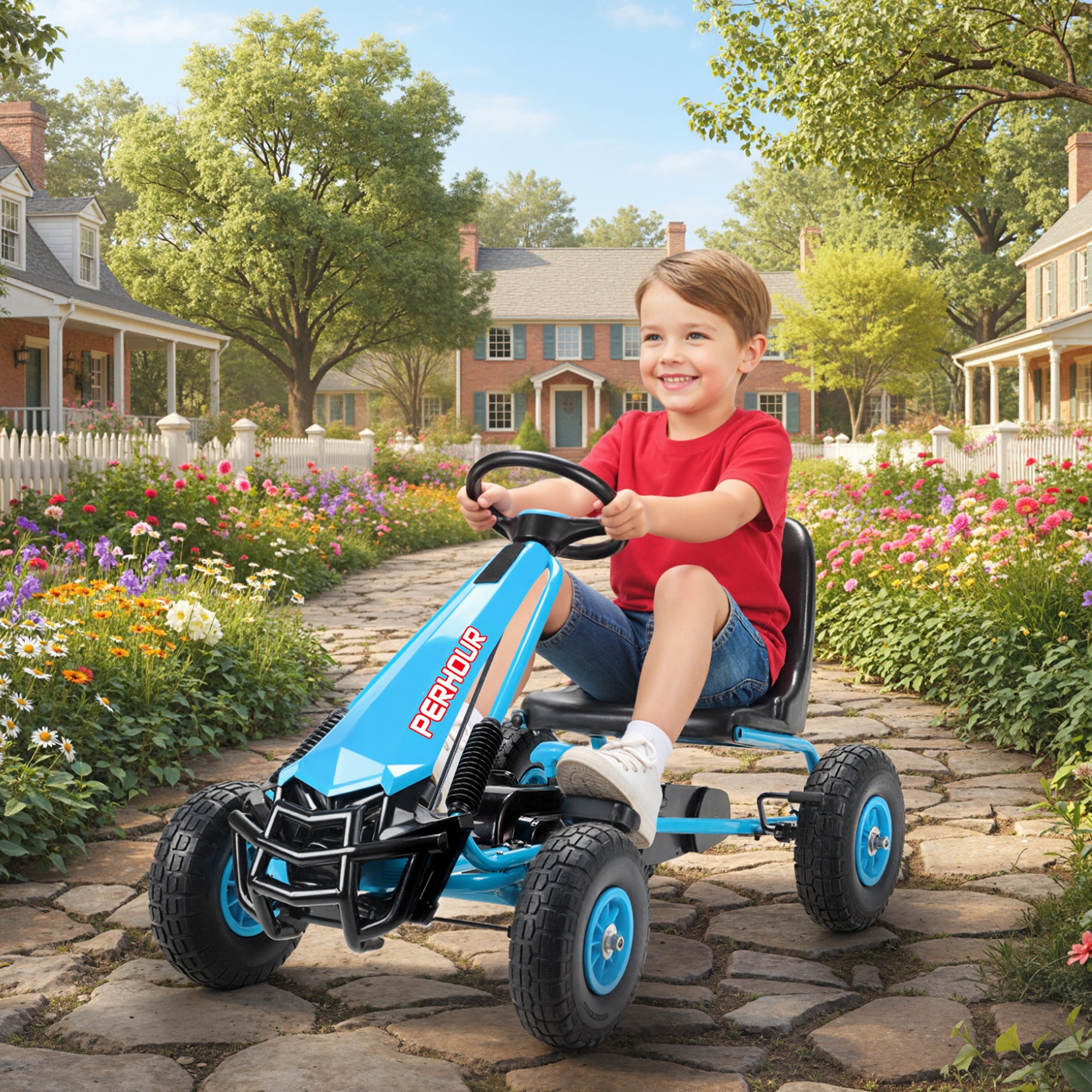 Kids Go Kart, Pedal Car with Adjustable Seat, EVA Wheels, Brake, for Boys & Girls Aged 3-8 Years Old, Blue