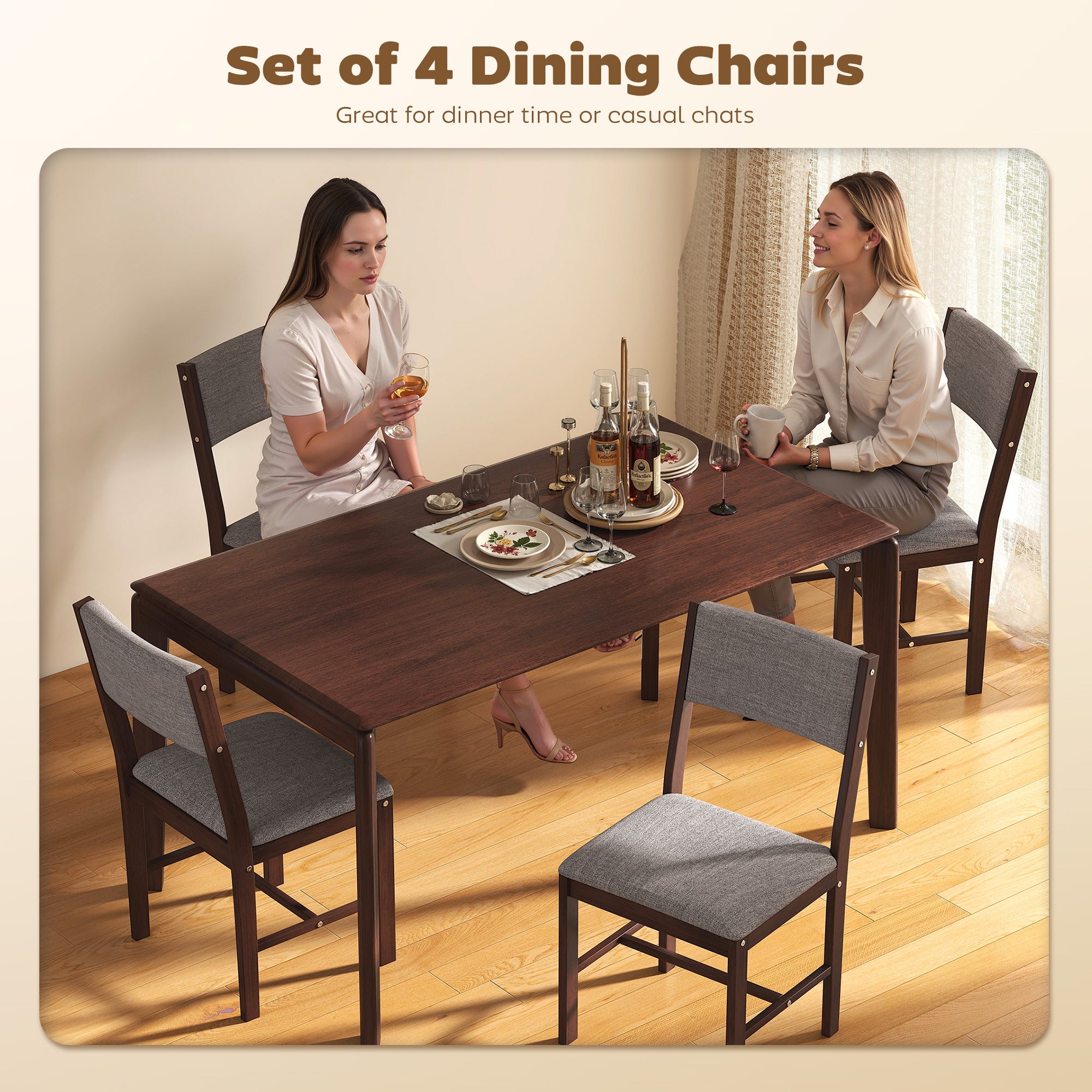 Modern Dining Chairs Set of 4, Linen Fabric Kitchen Chairs with Rubberwood Legs for Dining Room, Living Room, Gray