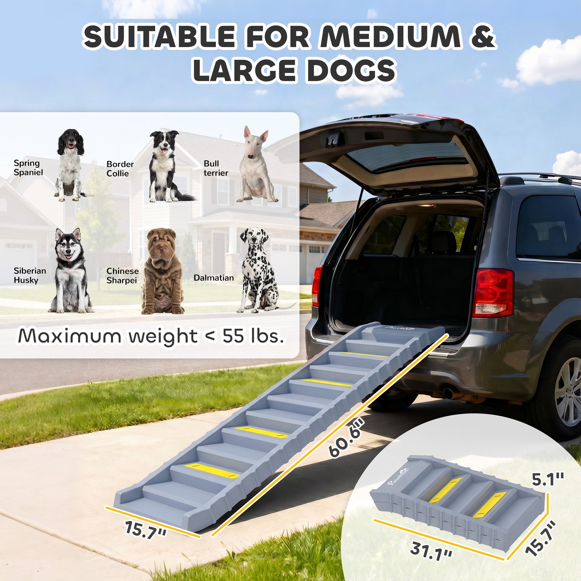 Dog Stairs for Car Truck SUV, Foldable Dog Ramp for Large Medium Small Dogs, Gray