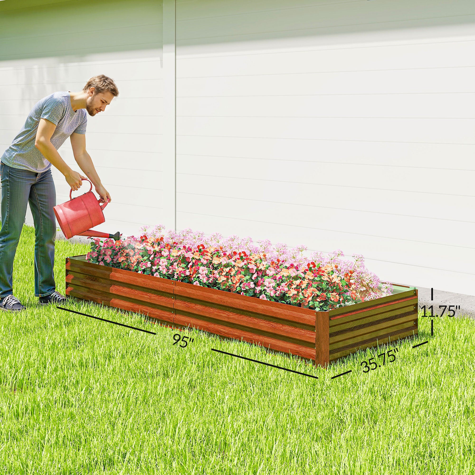 95" x 36" x 12" Galvanized Raised Garden Bed, Easy DIY and Cleaning for Growing Flowers, Herbs, Succulents, Natural Wood