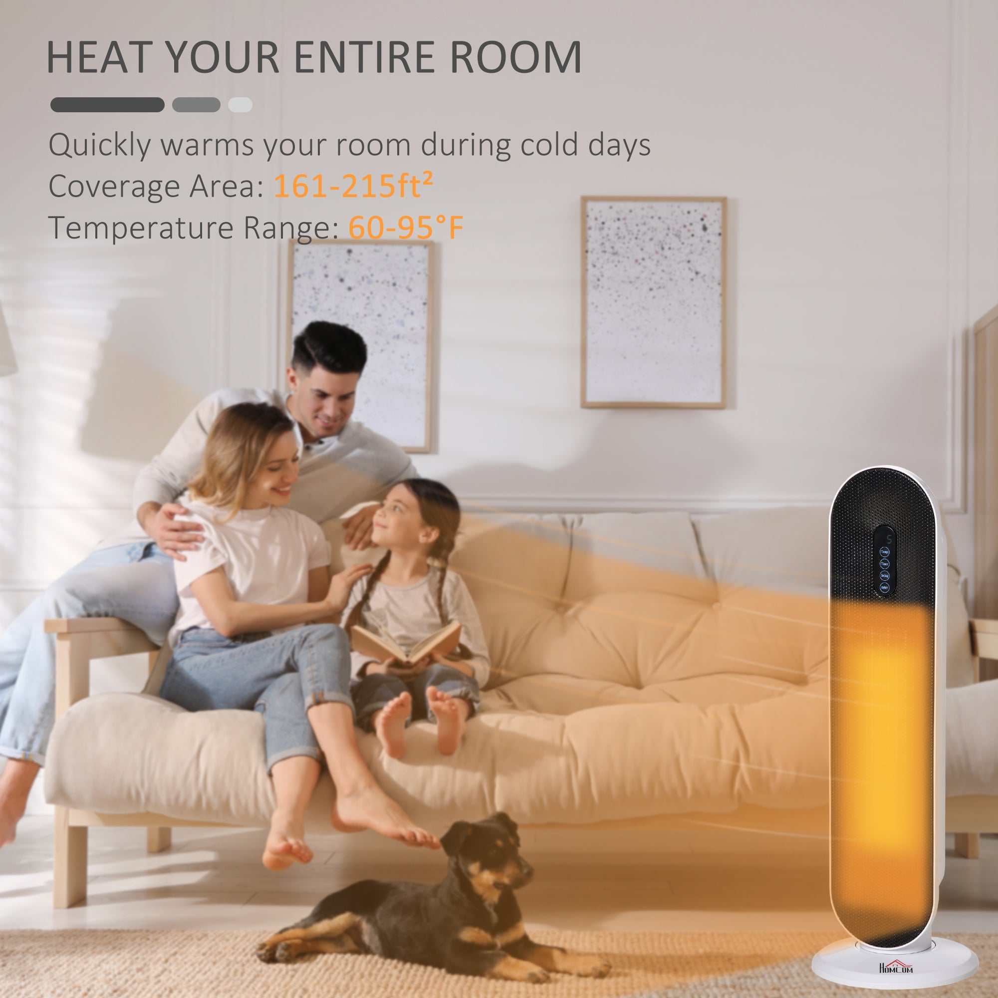 Oscillating Ceramic Tower Indoor Space Heater for Home, Adjustable Thermostat, 24H Timer & Remote Control, Tip-Over and Overheating Safety Protection, 25 Inches, 1500W/1000W