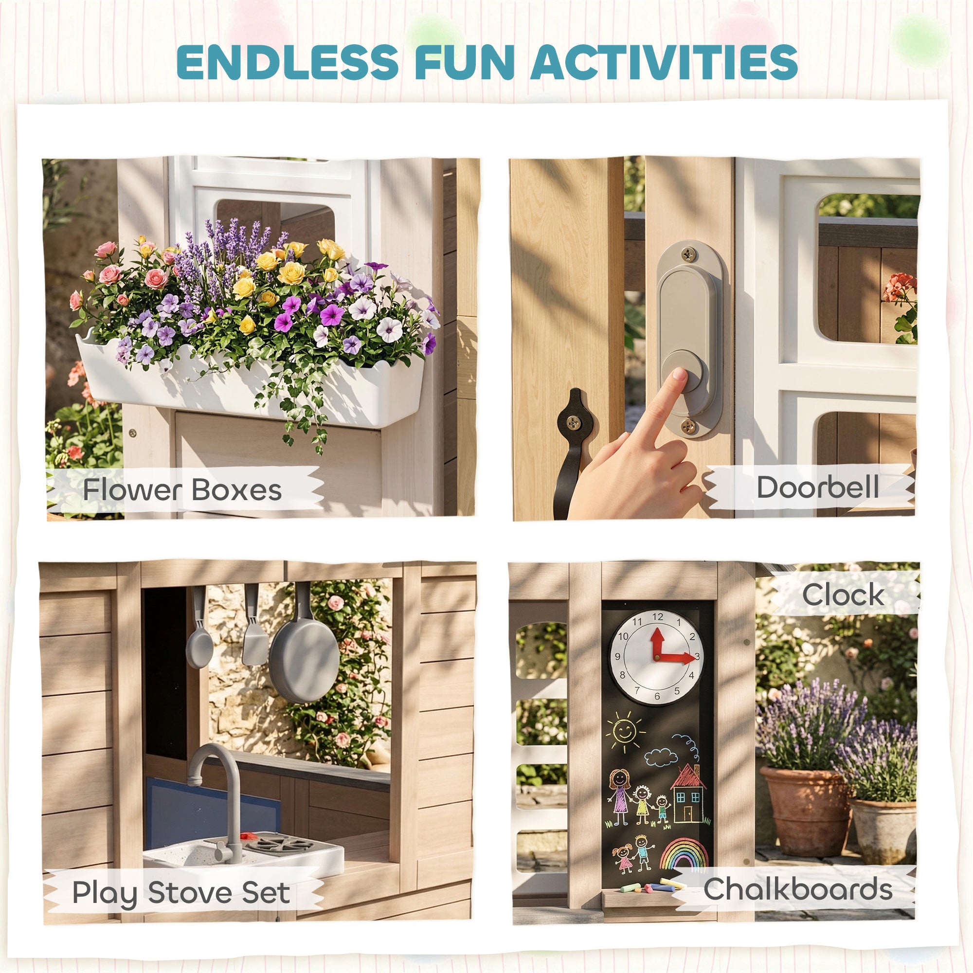 Outdoor Playhouse, Wooden Kids Playhouse with Dog Door, Cookware, Planter Box, Bell, Blackboard, Clock for Backyard
