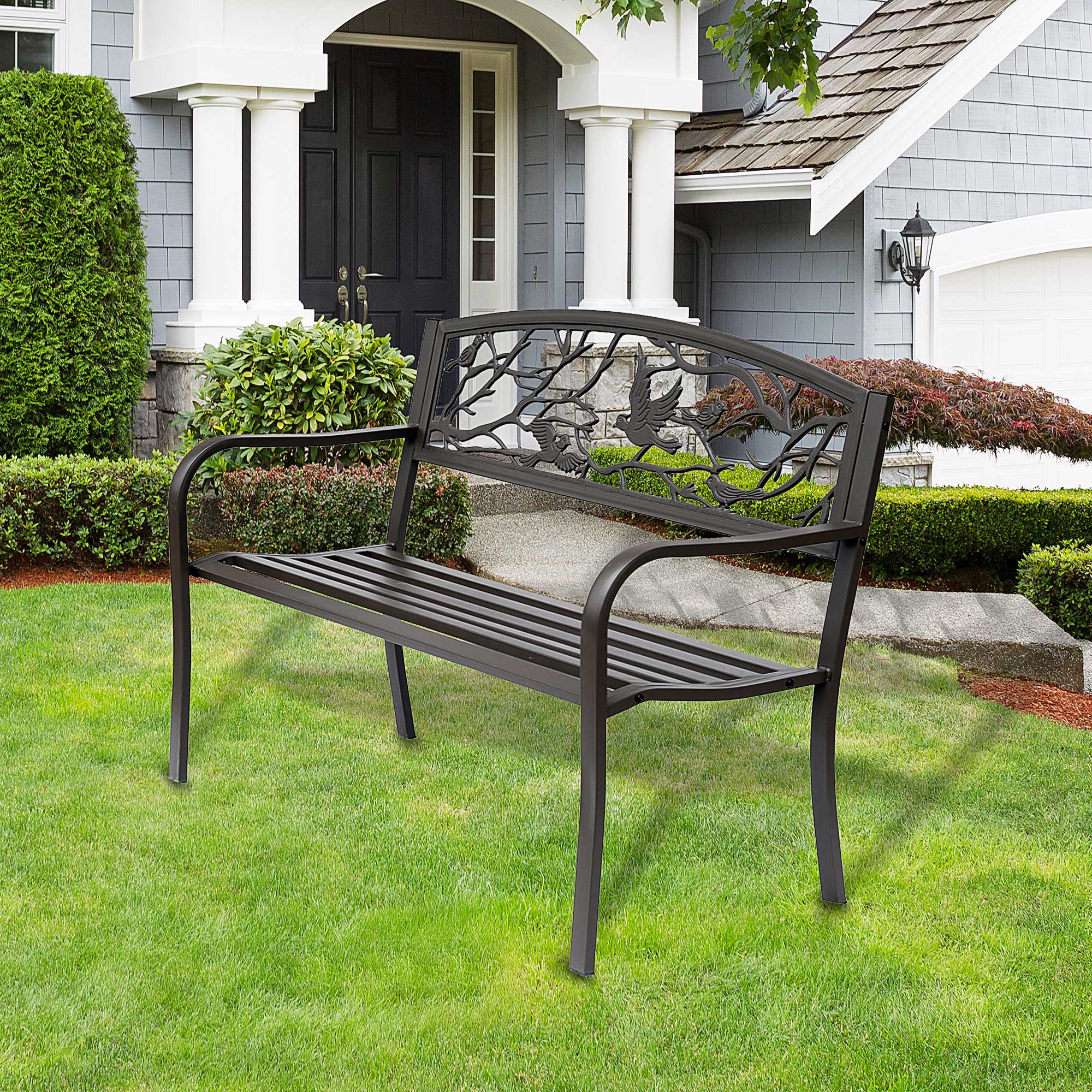 50" Vintage Bird Pattern Garden Cast Iron Patio Bench - Brown