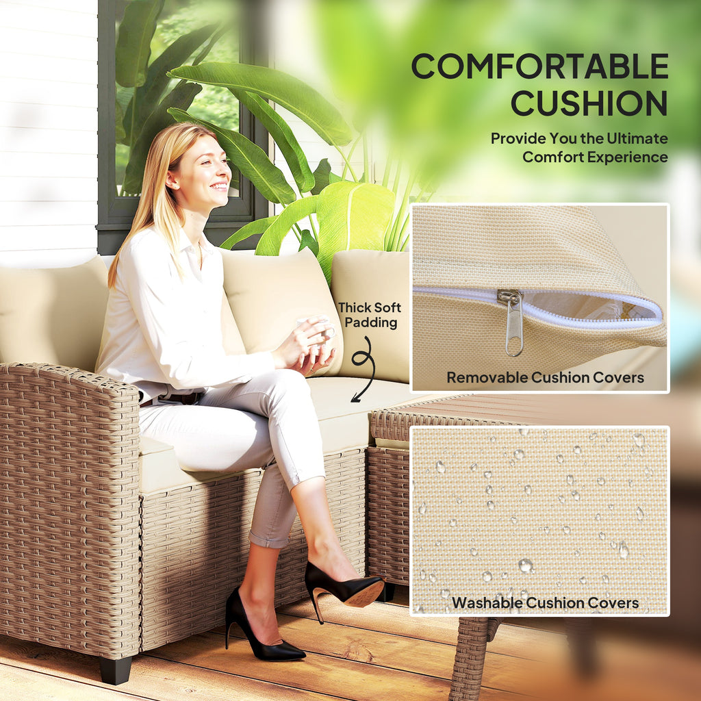 6 Piece Patio Furniture Set, PE Wicker Outdoor Furniture Conversation Set with 3 Sofas, 2 Ottomans and Slatted WPC Top Dining Table, All Weather Sectional Sofa Couch with Pillows, Khaki
