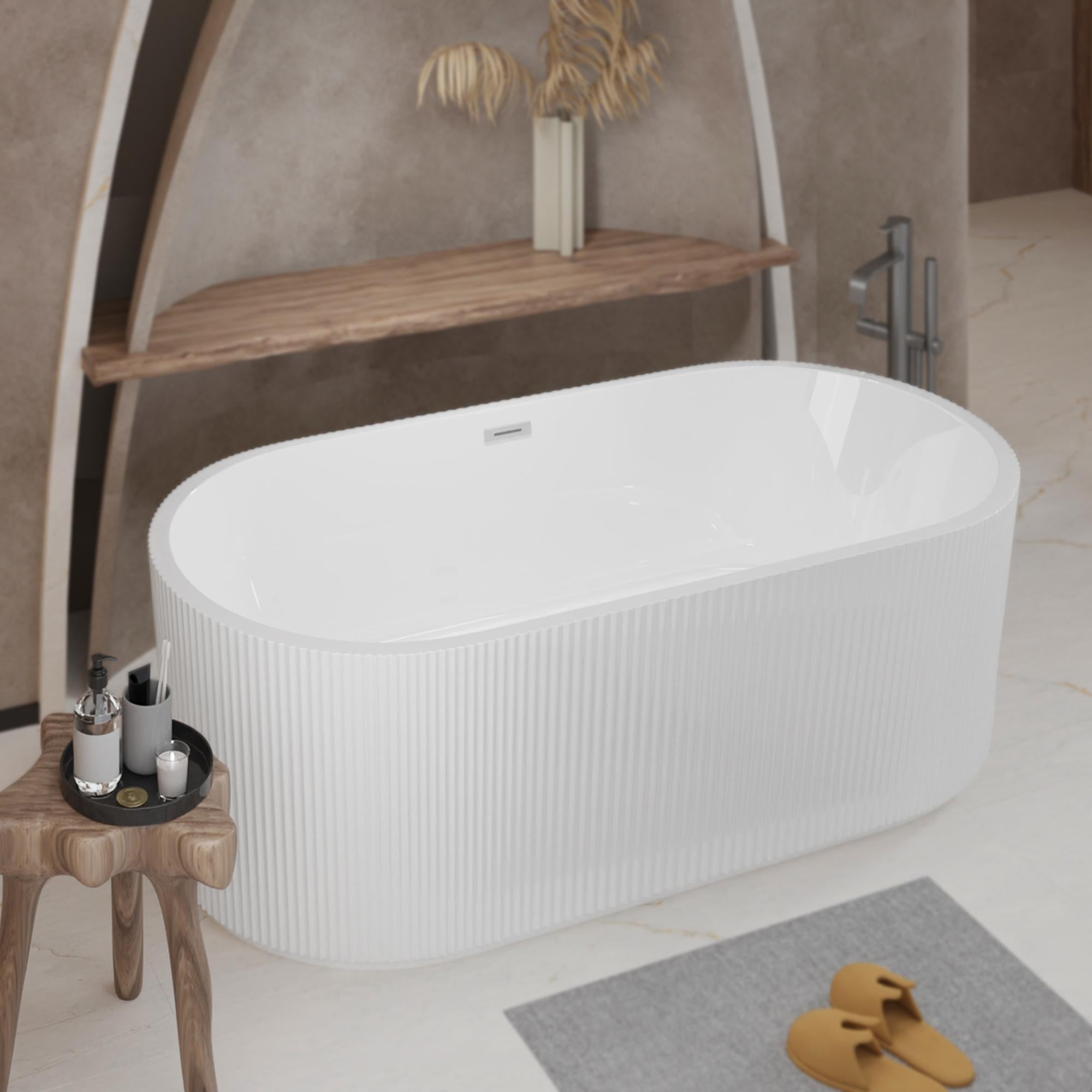 67" Freestanding Soaking Tub with Vertical Pleated Exterior, Bathtub with Chrome Pop-Up Toe-Tap Drain, 67" L x 31.5" W x 23" H, Gloss White