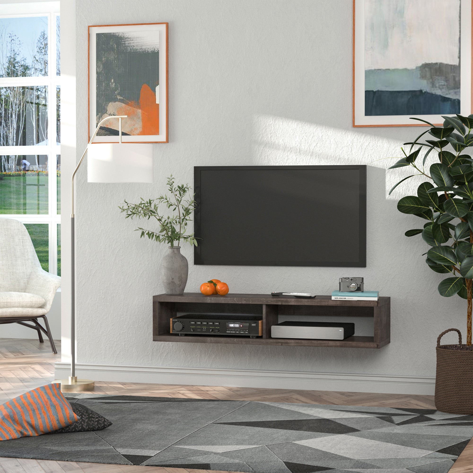 Wall Mounted TV Stand, Media Console Floating Storage Shelf for Living Room or Home Office, Dark Grey