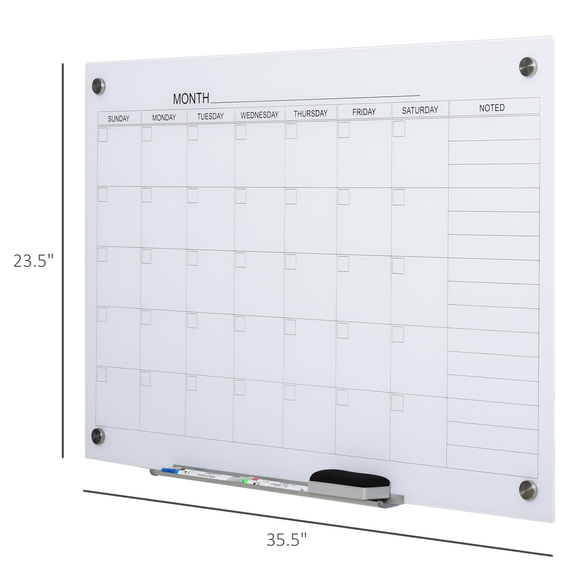 35"x23" Dry Erase Wall Calendar Glass Whiteboard Monthly Planner for Homeschool Supplies & Home Office Organization with 4 Markers and 1 Eraser,Frameless
