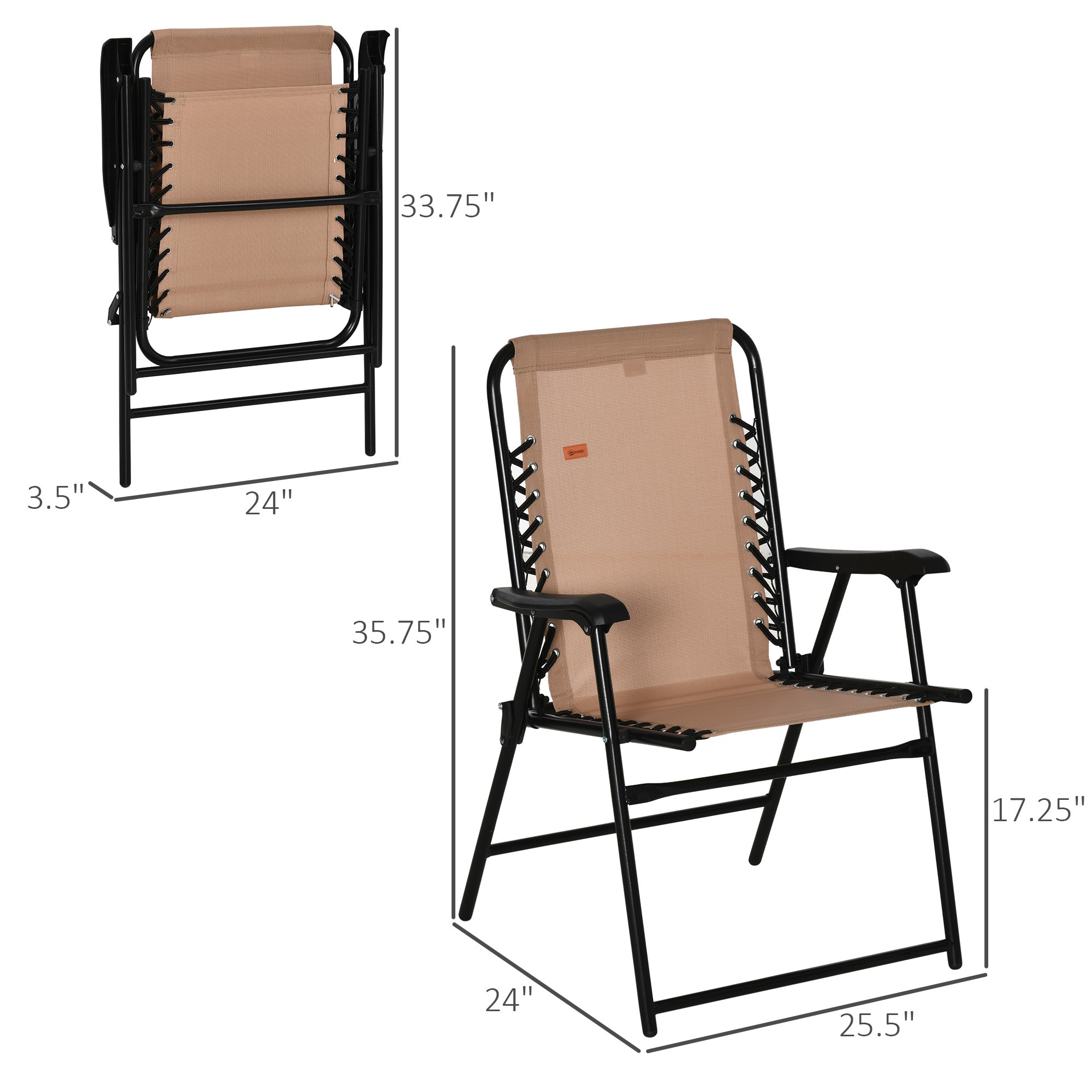 Patio Folding Chair, Outdoor Bungee Sling Chair w/ Armrests, Portable Lawn Chair for Camping, Garden, Beige