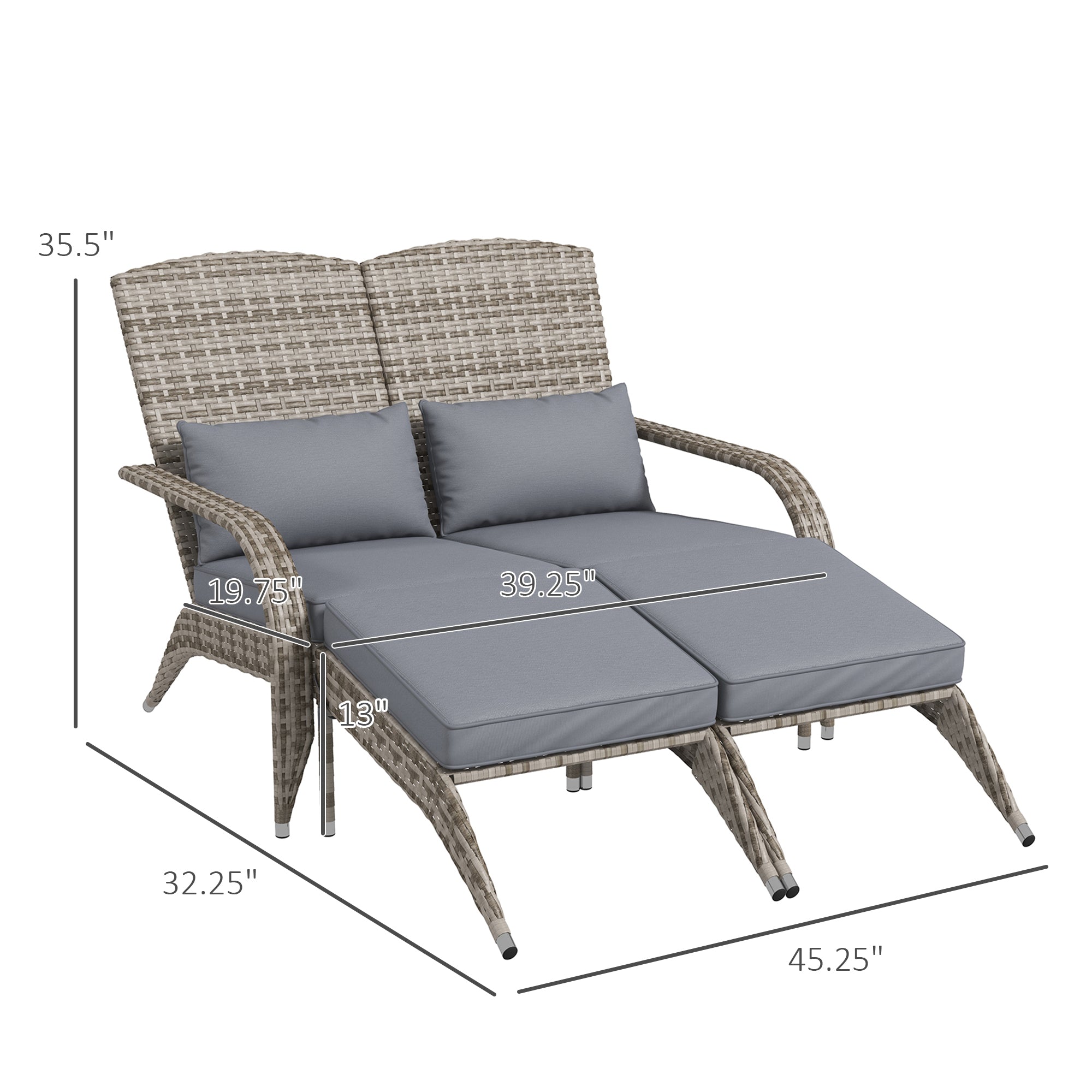Wicker Adirondack Chair for 2 with Cushions & Footrests, PE Rattan Double Chaise Lounge Chair, Fire Pit Chair for Porch with Wide Armrests, High-back, Gray