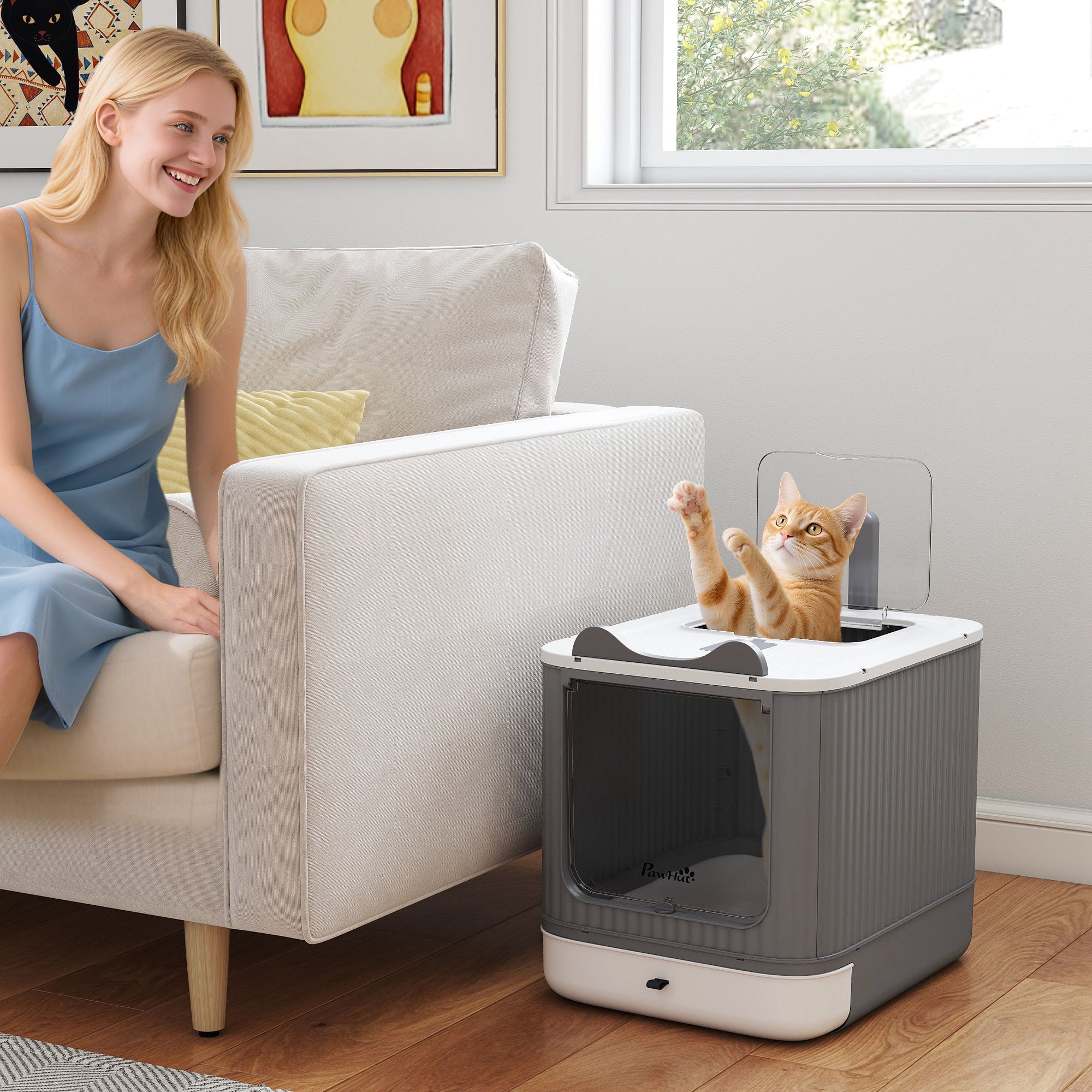 Cat Litter Box with Lid, Enclosed Litter Box for Medium Cats, Front-Entry and Top-Exit, Scoop, Deodorizer Bag, White