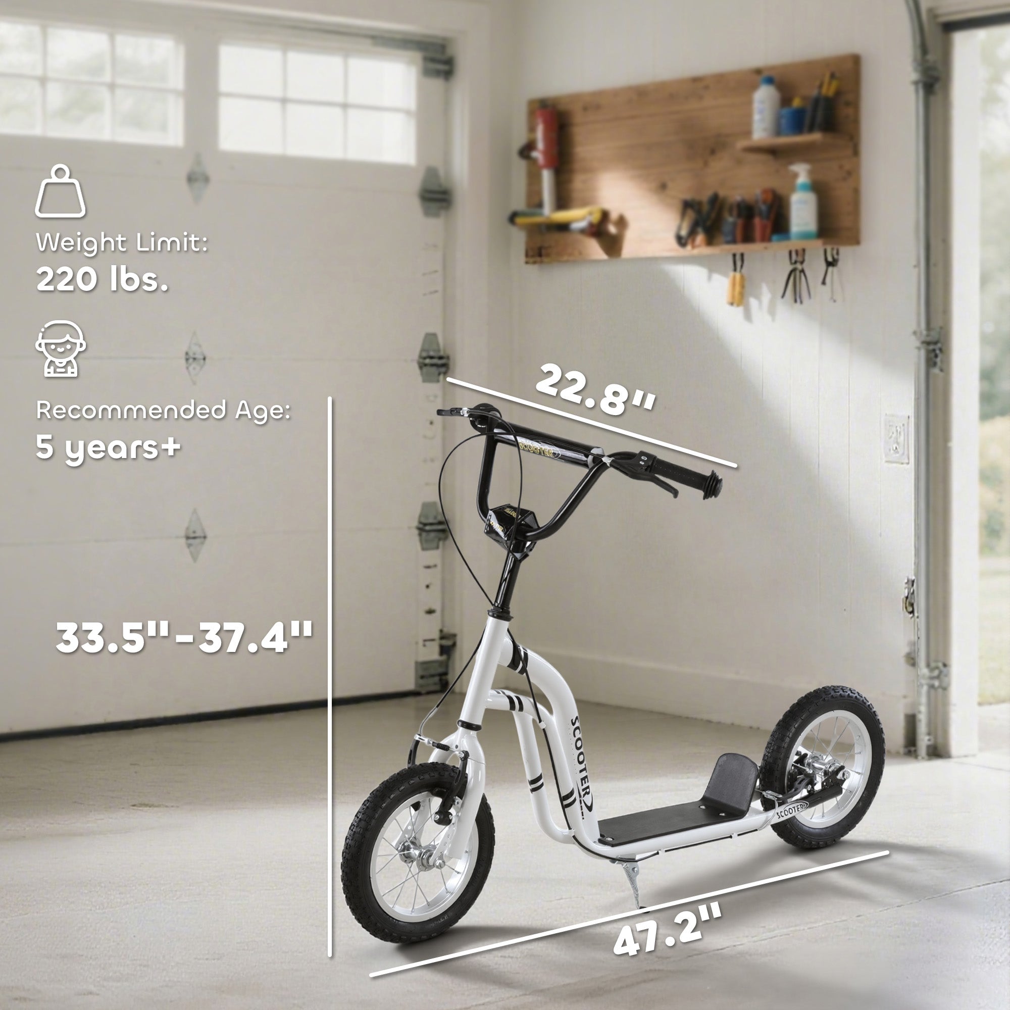 Youth Scooter Front and Rear Caliper Dual Brakes 12-Inch Inflatable Front Wheel Ride On Toy For Age 5+ - White