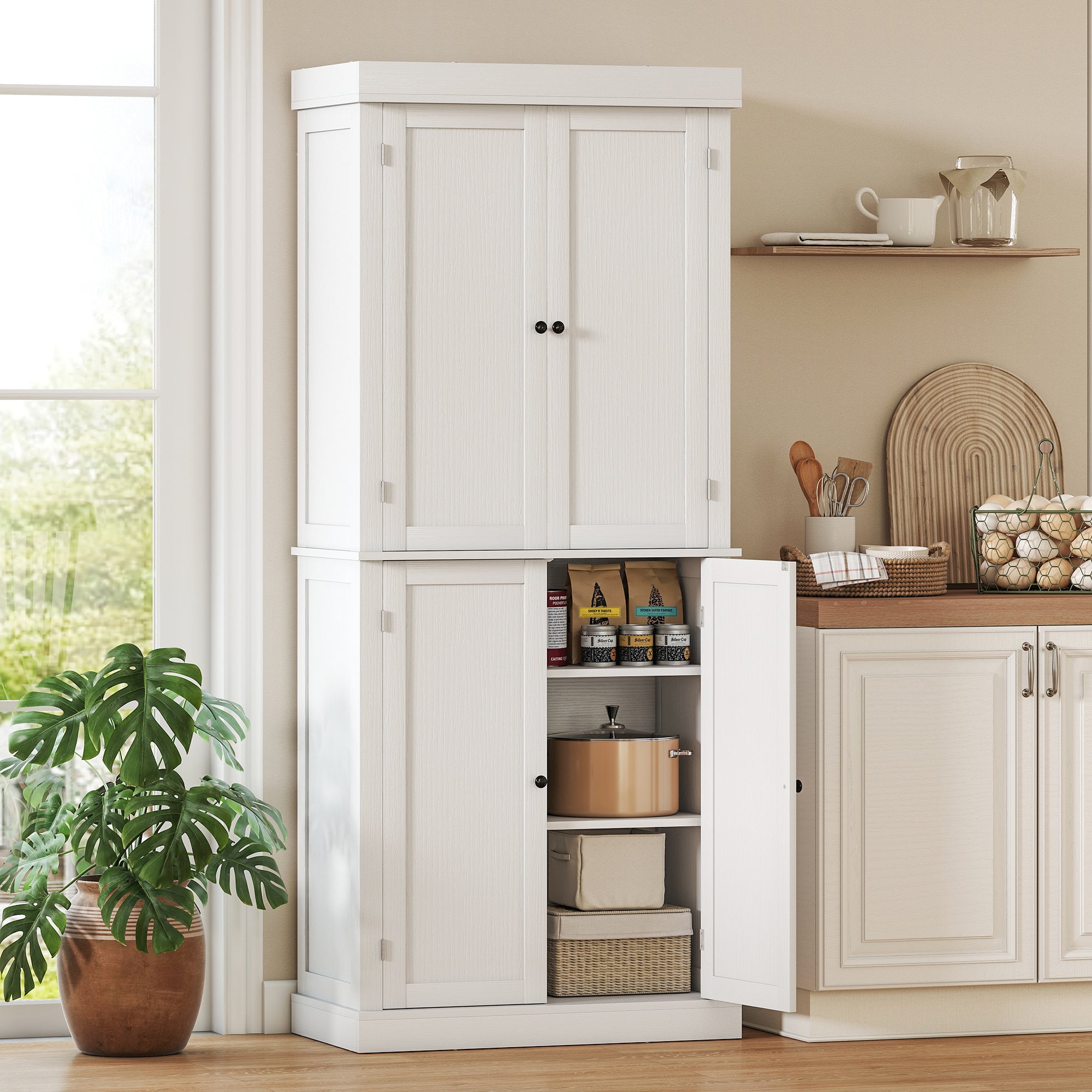 72" Kitchen Cabinet, Pantry Storage Cabinet with Doors and Shelves, Freestanding Food Pantry Cabinet, White Wood Grain
