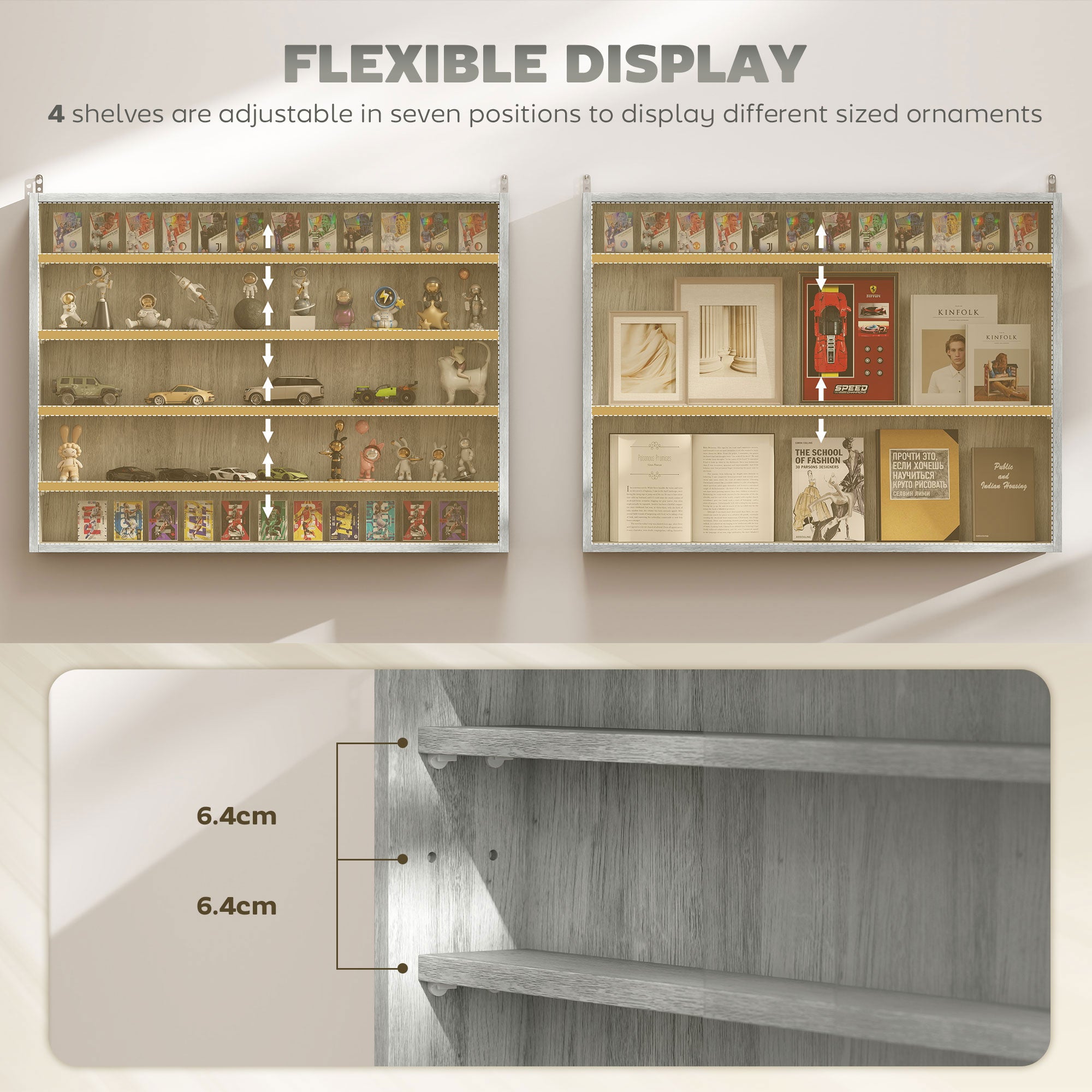 5-Tier Display Cabinet, Wall-Mounted Display Case with 2 Glass Doors and Adjustable Shelves, Gray