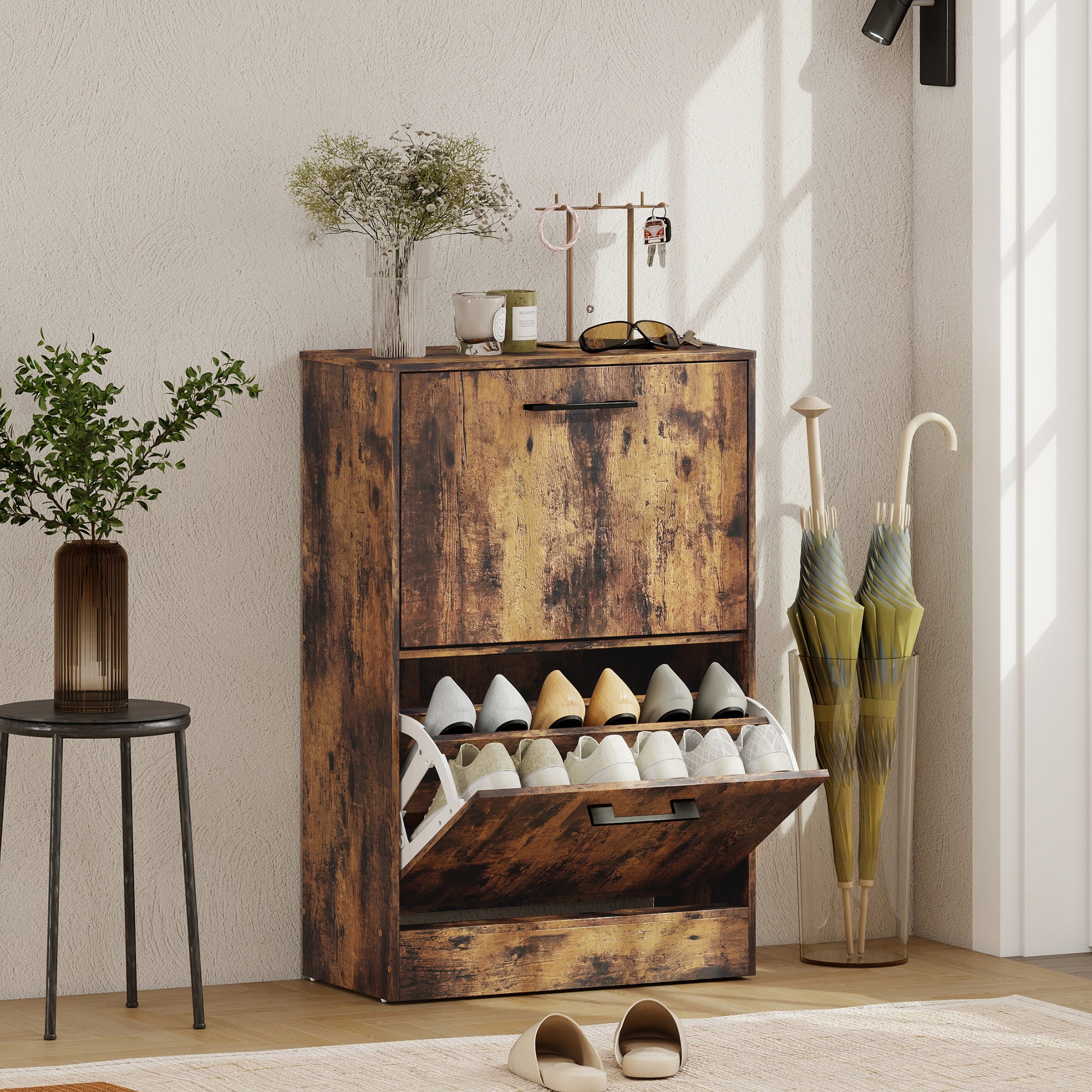 Shoe Cabinet 2 Flip Drawers Narrow Shoe Storage Unit Adjustable Dividers Entryway Hallway Rustic Brown