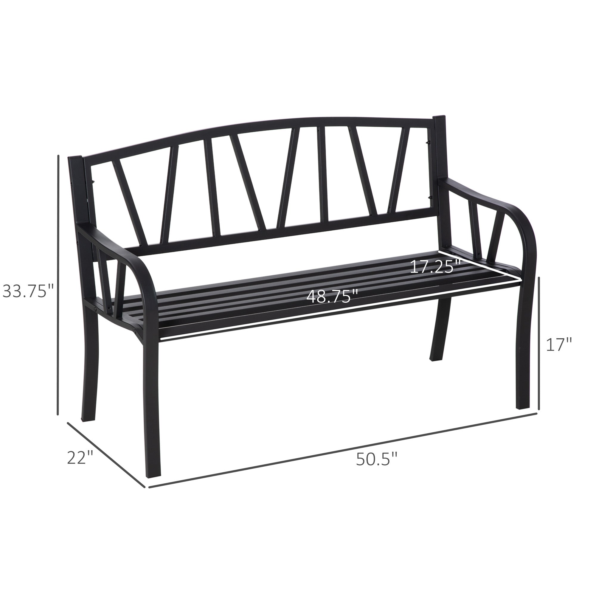 50" Outdoor Bench, Metal Garden Bench with V-Shaped Pattern Backrest, Porch Bench with Slatted Seat for Park, Yard, Lawn, Black