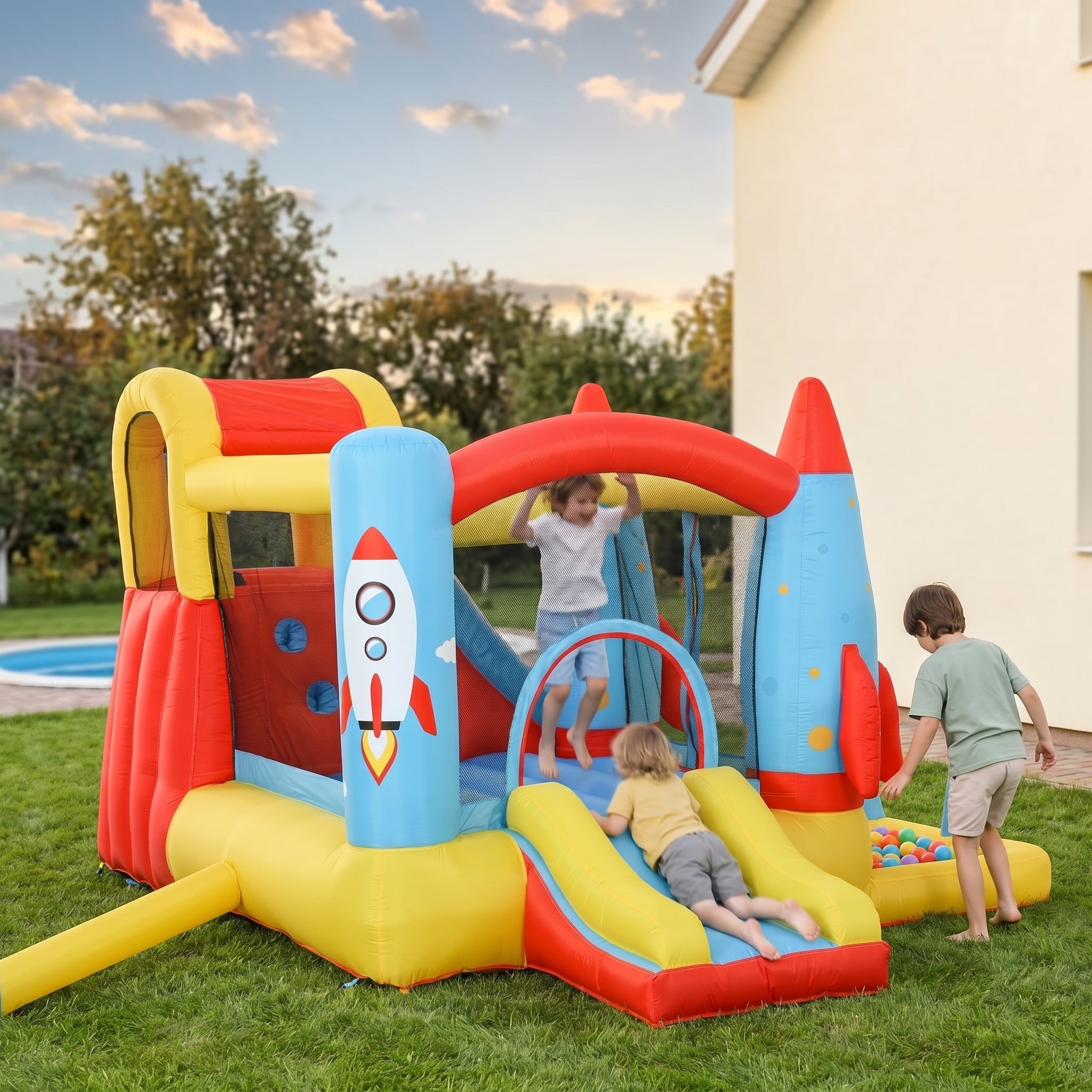 Kids Bounce House, 4-in-1 Rocket Inflatable Water Slide Jumping Castle with 2 Slides, Climbing Wall, Trampoline, & Water Pool Area, Air Blower