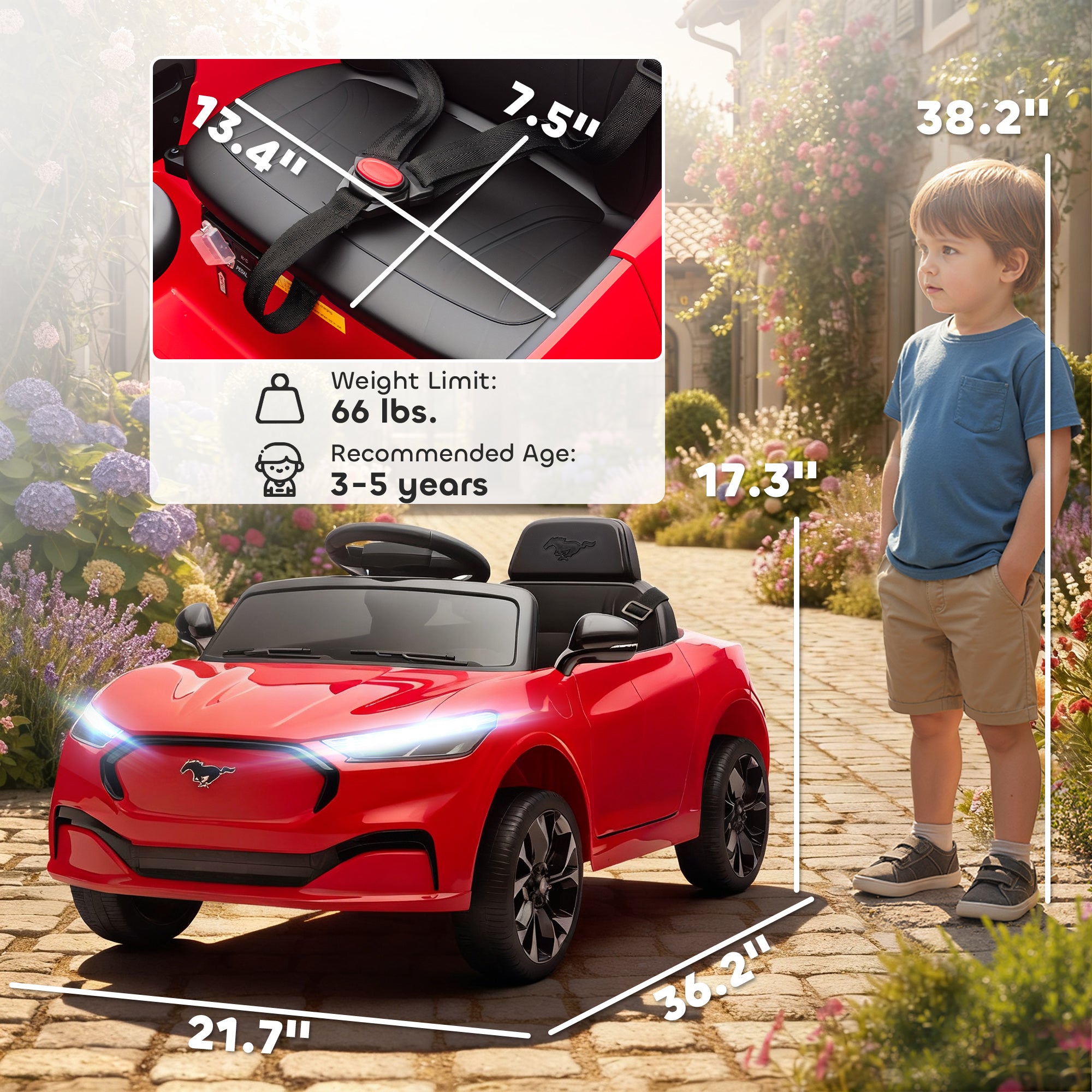 12V Kids Ride On Car, Licensed Mach-E Electric Car with Remote Control, LED Light, Music, Red