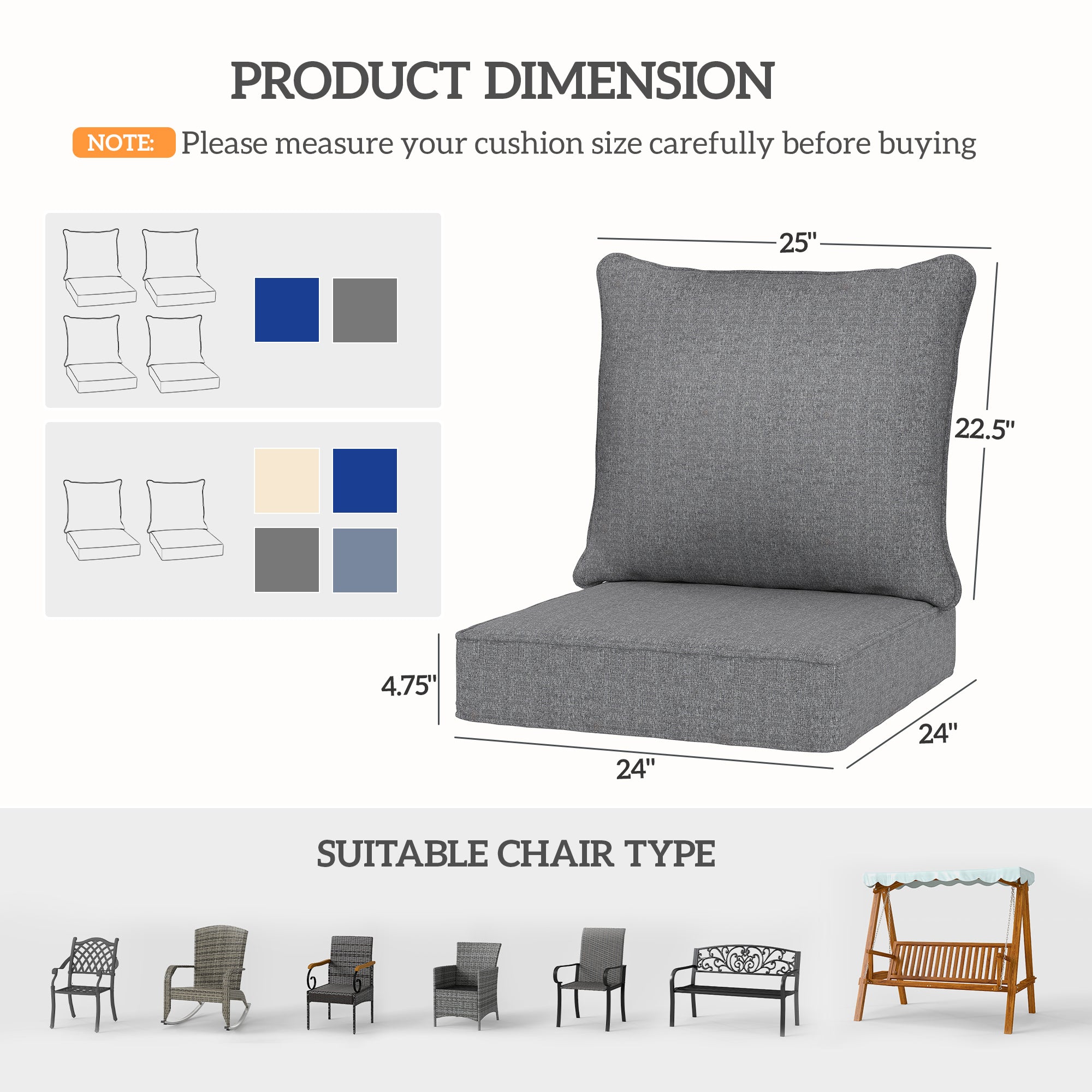Patio Chair Cushions Set of 2 with Seat & Backrest, Fade Resistant Seat Replacement Cushion Set, Gray