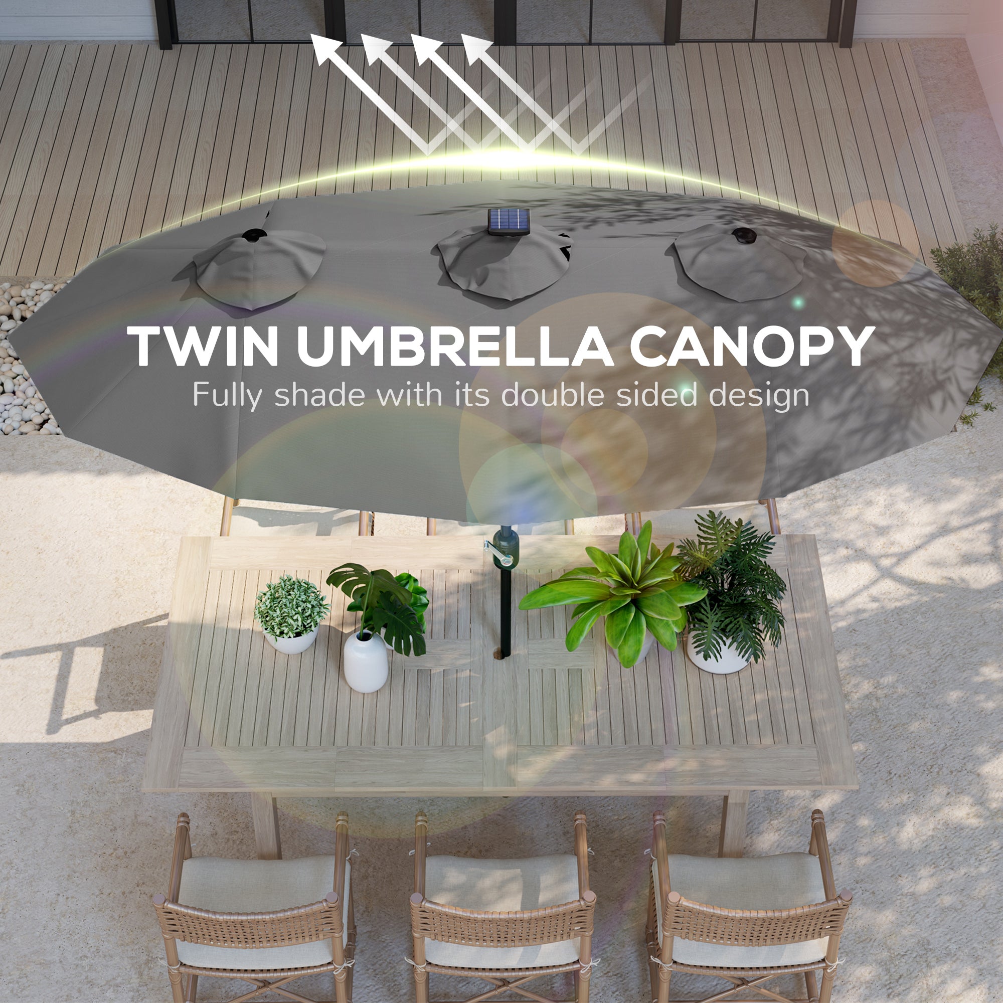 Double-sided Patio Umbrella, 9.7' Outdoor Umbrella with Tilt and Crank, LED Solar Light and 12 Ribs, Gray