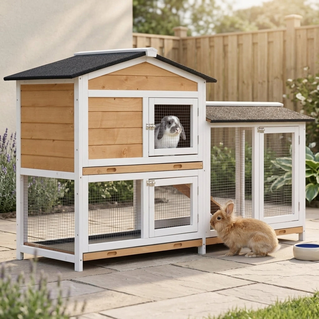 62" Rabbit Hutch, Wooden Bunny Hutch, Guinea Pig Cage, Small Animal Enclosure with Run Area, Removable Tray, Asphalt Roof, Lockable Doors and Ramp, for Rabbits, Chickens, Ducks, Nature Wood