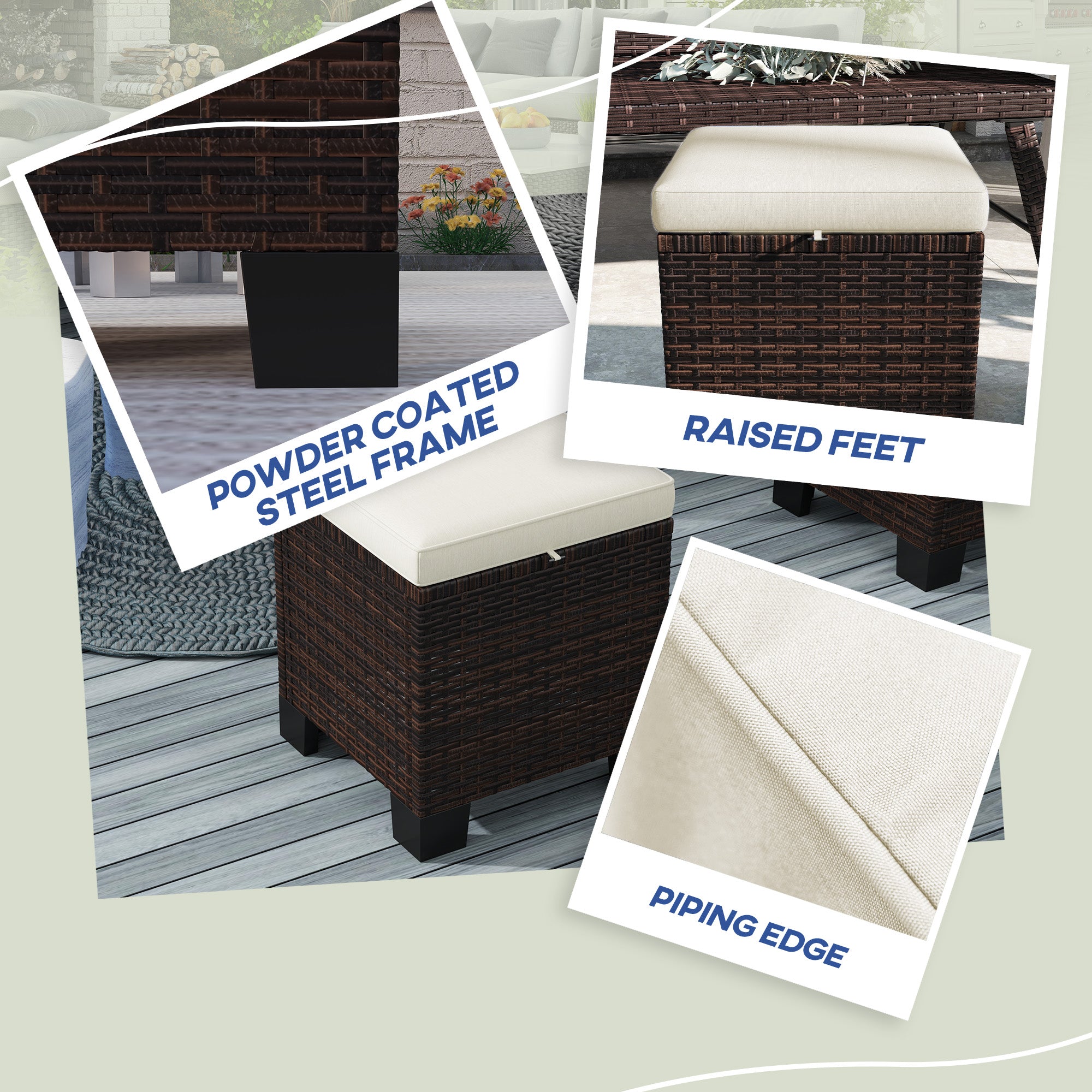 2 Piece Wicker Outdoor Ottomans with Cushions, Rattan Ottoman Footrest and Side Table for Patio, Yard, Poolside, Beige