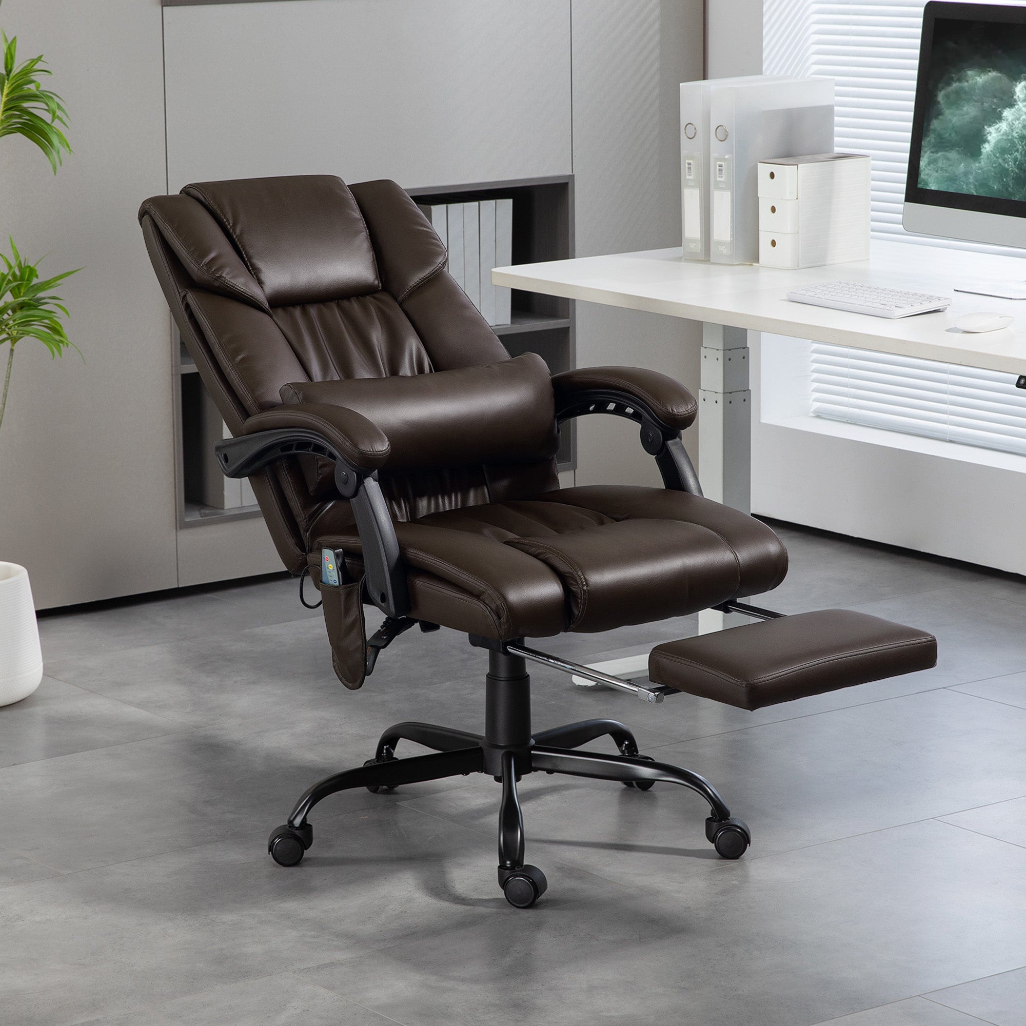 Massage Office Chair with 6 Vibrating Points, High Back Reclining Office Chair with Footrest and Remote, Brown