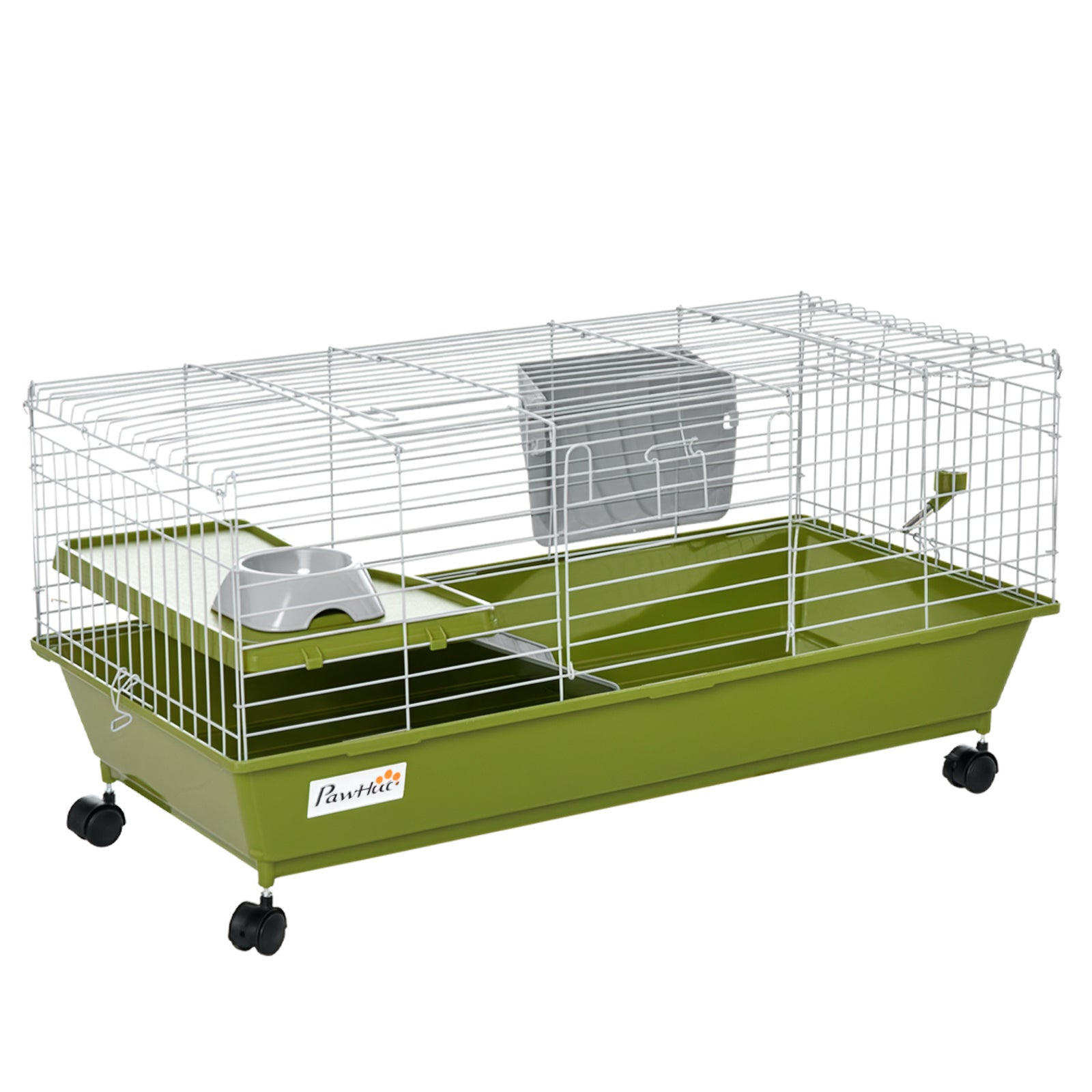 35"L Small Animal Cage, Rolling Bunny Cage, Guinea Pig Cage with Food Dish, Water Bottle, Hay Feeder, Platform, Ramp for Chinchilla, Green