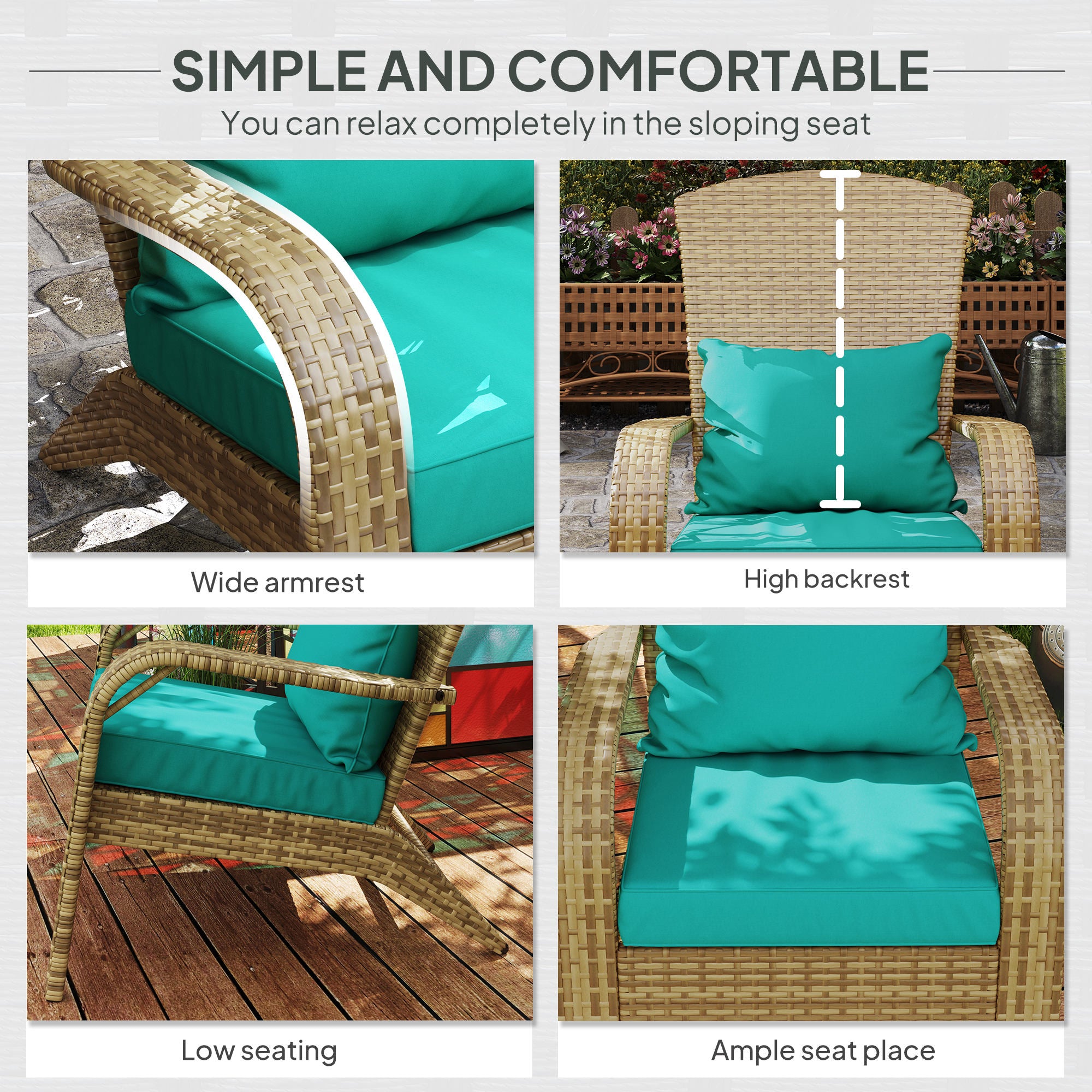 Patio Adirondack Chair with Rattan Wicker, Soft Cushions, Tall Curved Backrest for Deck or Garden, Sky Blue