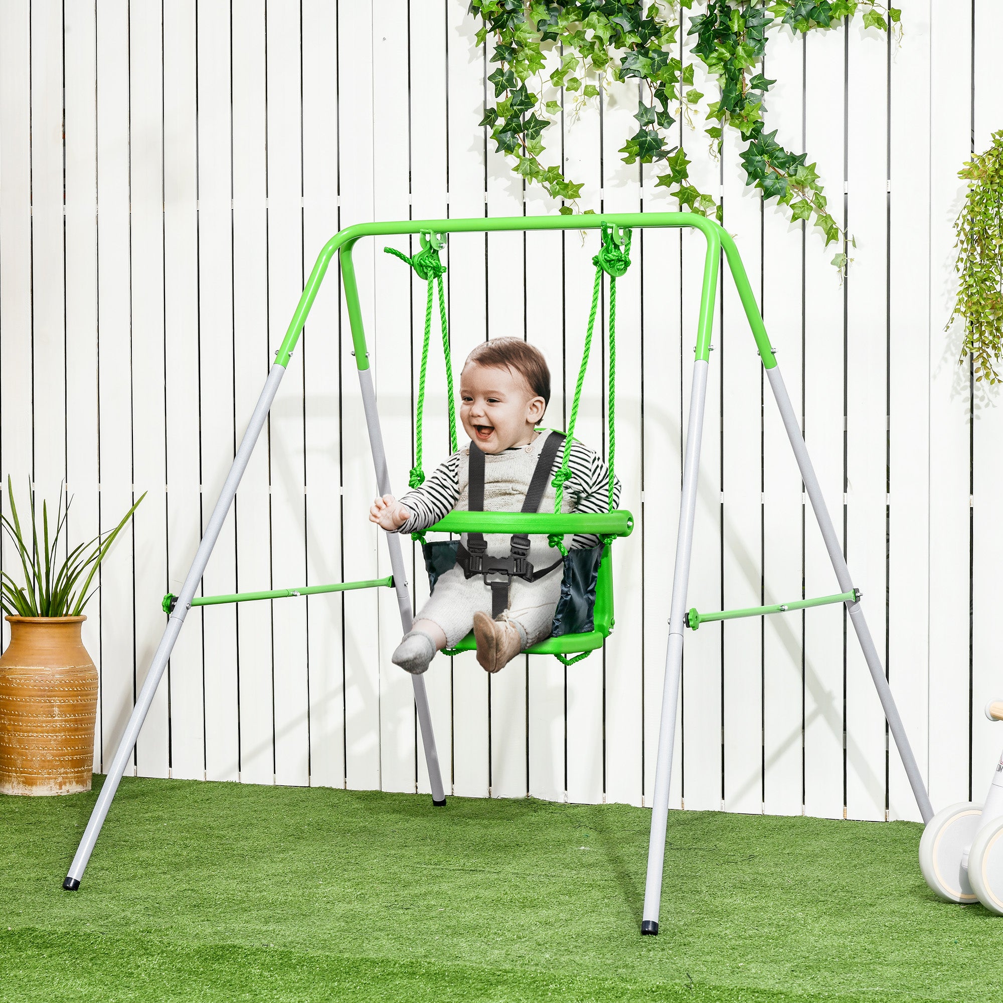Toddler Swing Set with Metal Stand, Safety Seat Belt for Kids Aged 6-36 Months, Backyard Indoor & Outdoor Use, Green