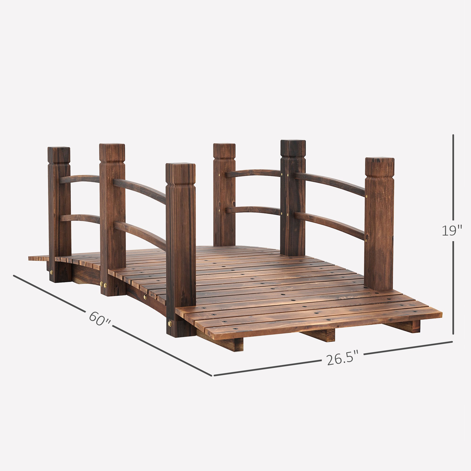 Fir Wood Garden Bridge Arc Walkway with Side Railings for Backyards, Gardens, and Streams, Stained Wood, 60" x 26.5" x 19"
