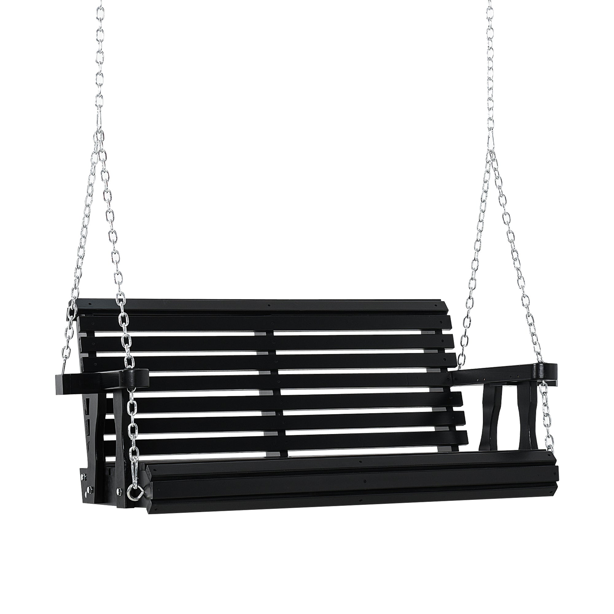 Porch Swing with Chains and Cupholders, 2 Person Wooden Patio Swing Chair, 440 lbs. Weight Capacity, for Garden, Poolside, Backyard, Black