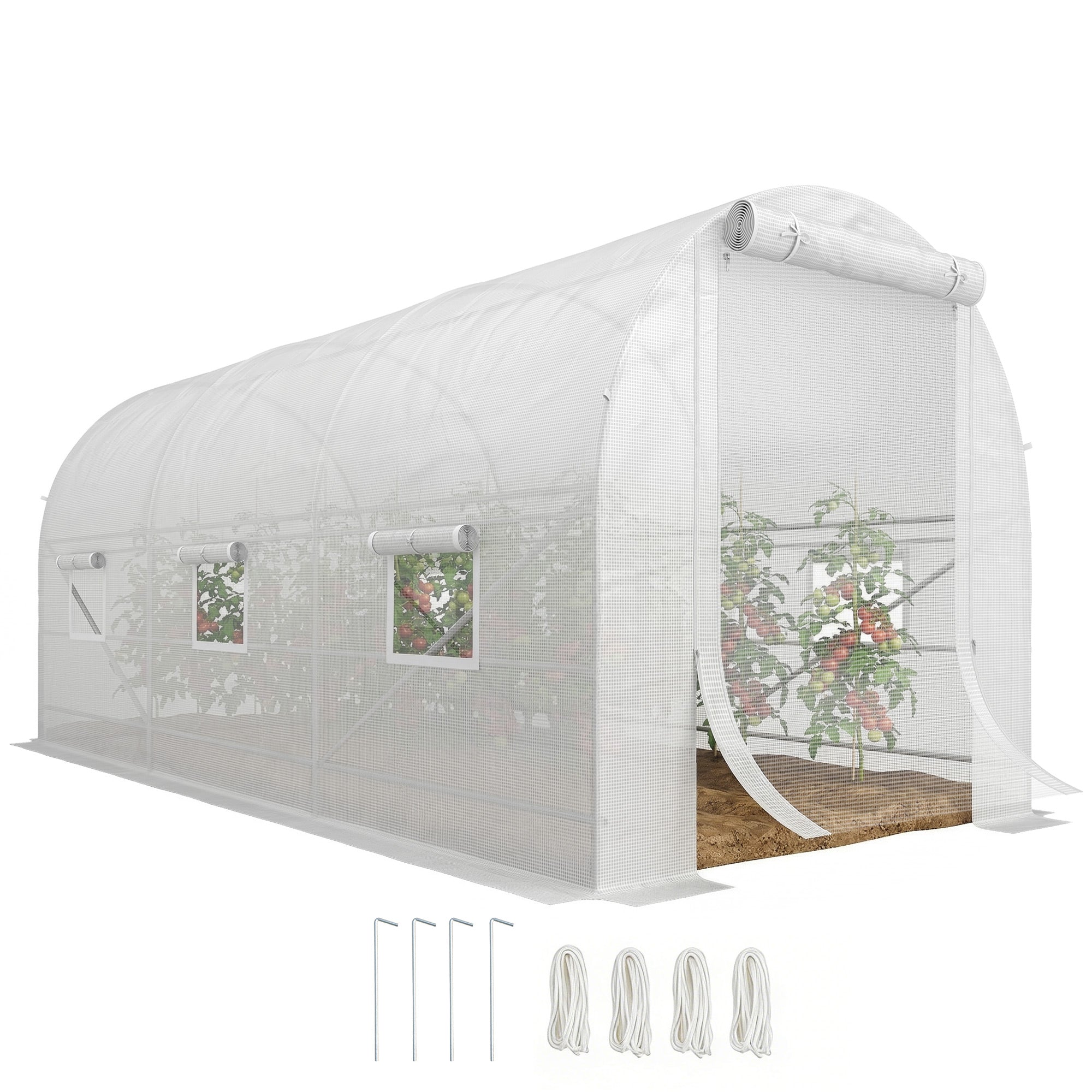14.6' x 6.6' x 6.6' Walk-In Tunnel Greenhouse, Large Garden Hot House Kit with 6 Roll-up Windows & Roll Up Door, Steel Frame, White